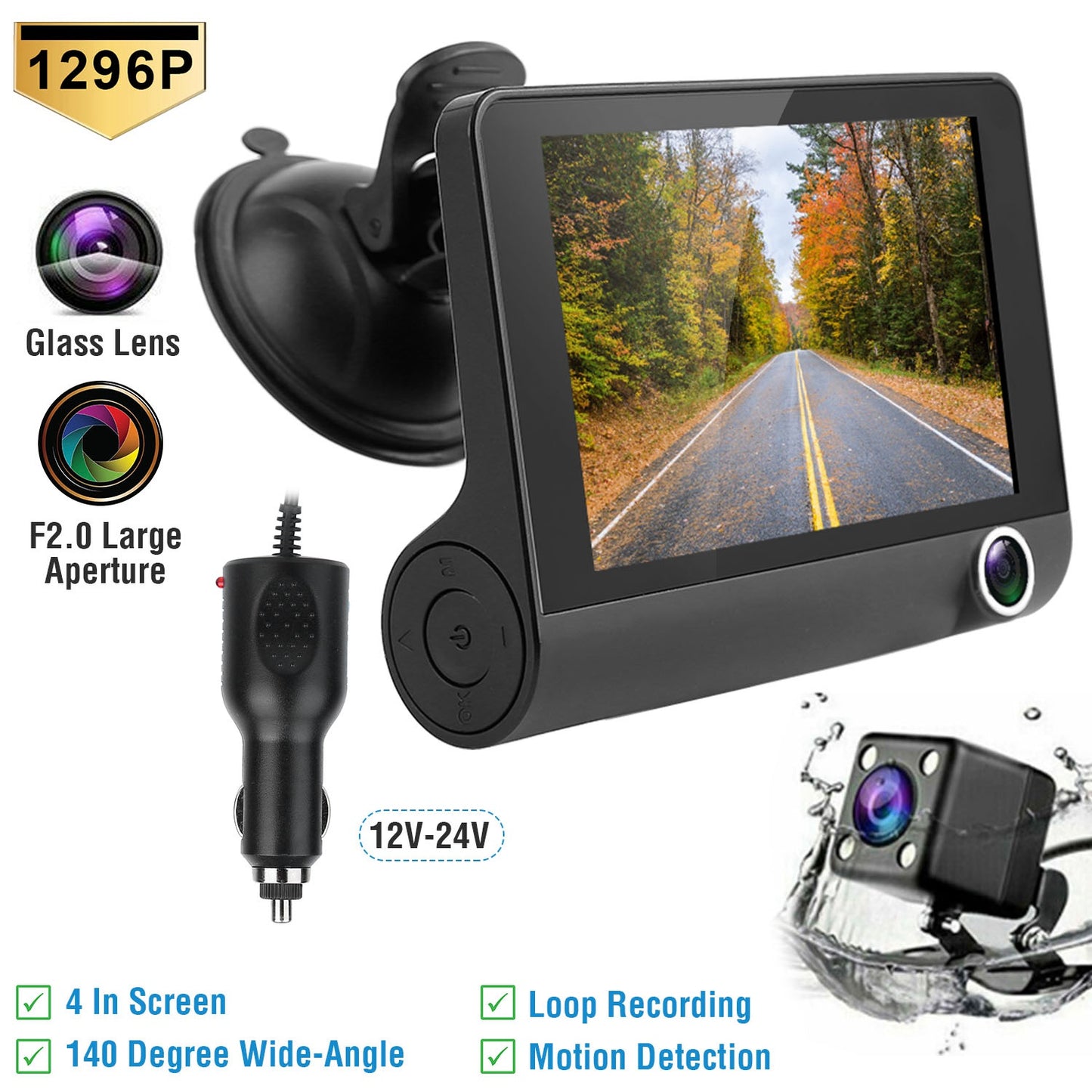 1296P Car DVR Dash Camera 4In 3 Lens Vehicle Driving Recorder Seamless