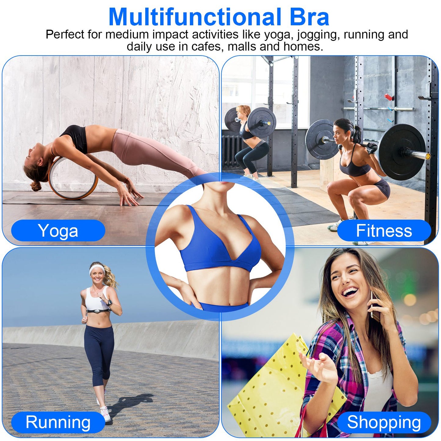 Women Deep V-Neck Sports Bras U-Shaped Back Sport Bras Padded Strappy Crop Open