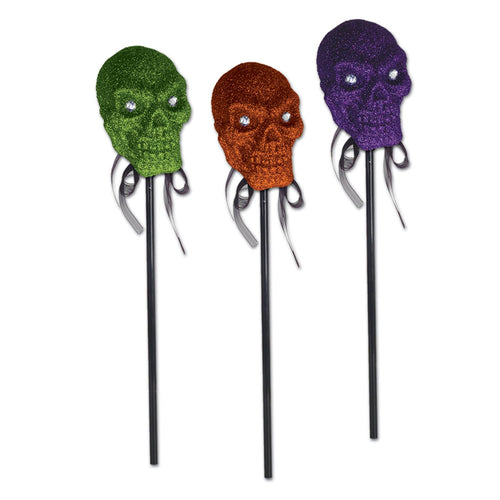 Beistle Glittered Plastic Skull On A Stick (Assorted Colors) - Halloween