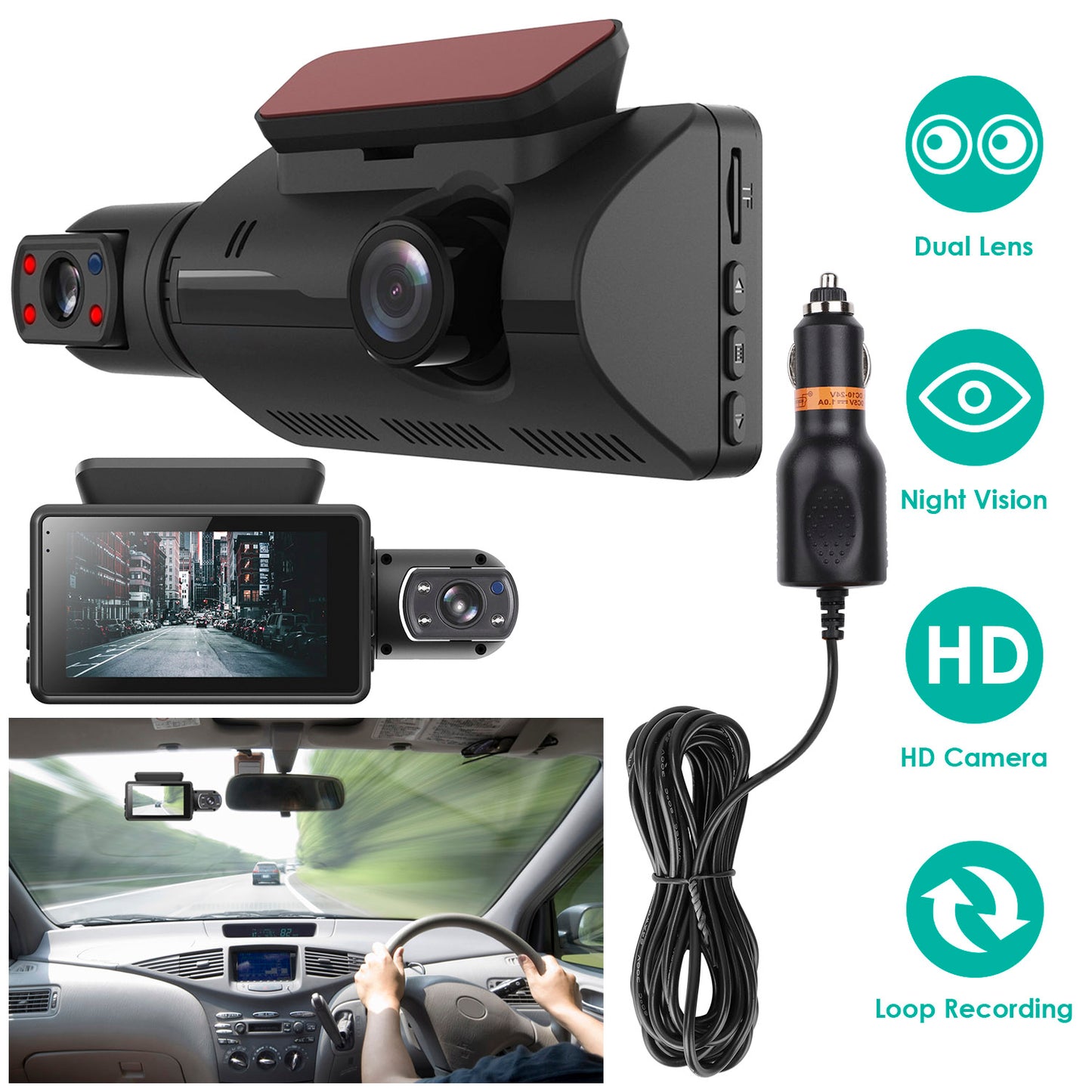 Dual Lens Car DVR Dash Cam Video Recorder 720P Front Inside Camera Loop
