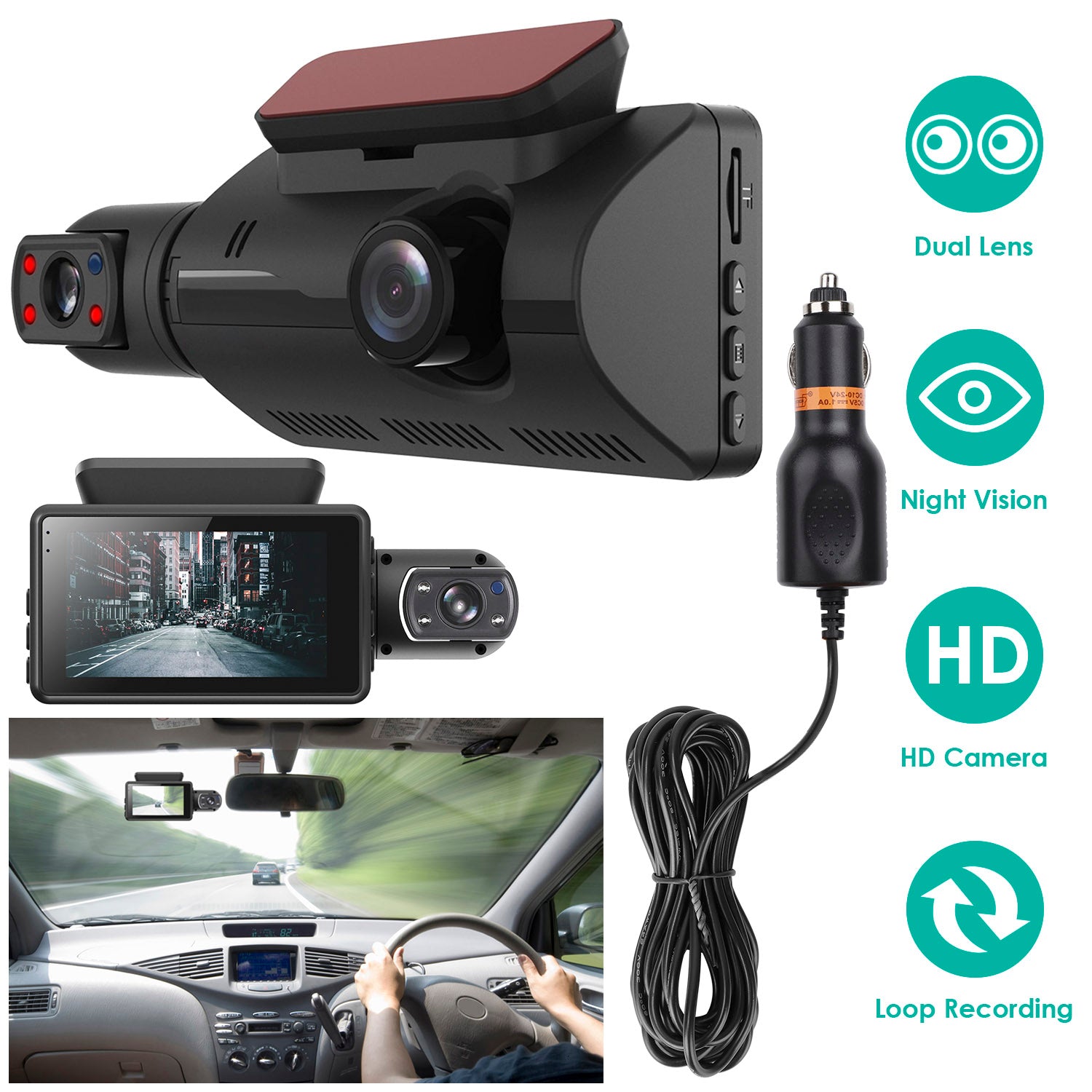 Dual Lens Car DVR Dash Cam Video Recorder 720P Front Inside Camera Loop
