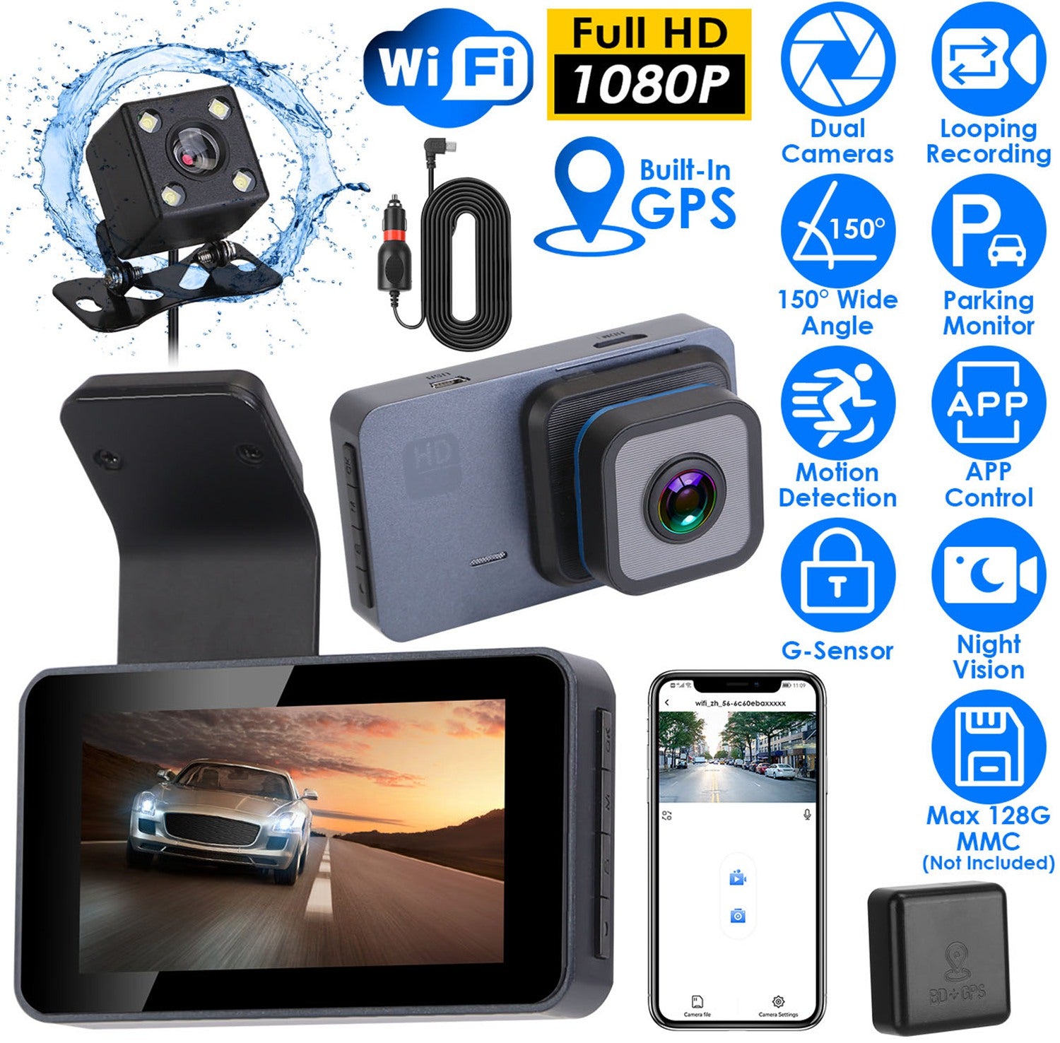 1080P Dual Lens Dash Cam Vehicle Driving Recorder Car DVR with WiFi GPS