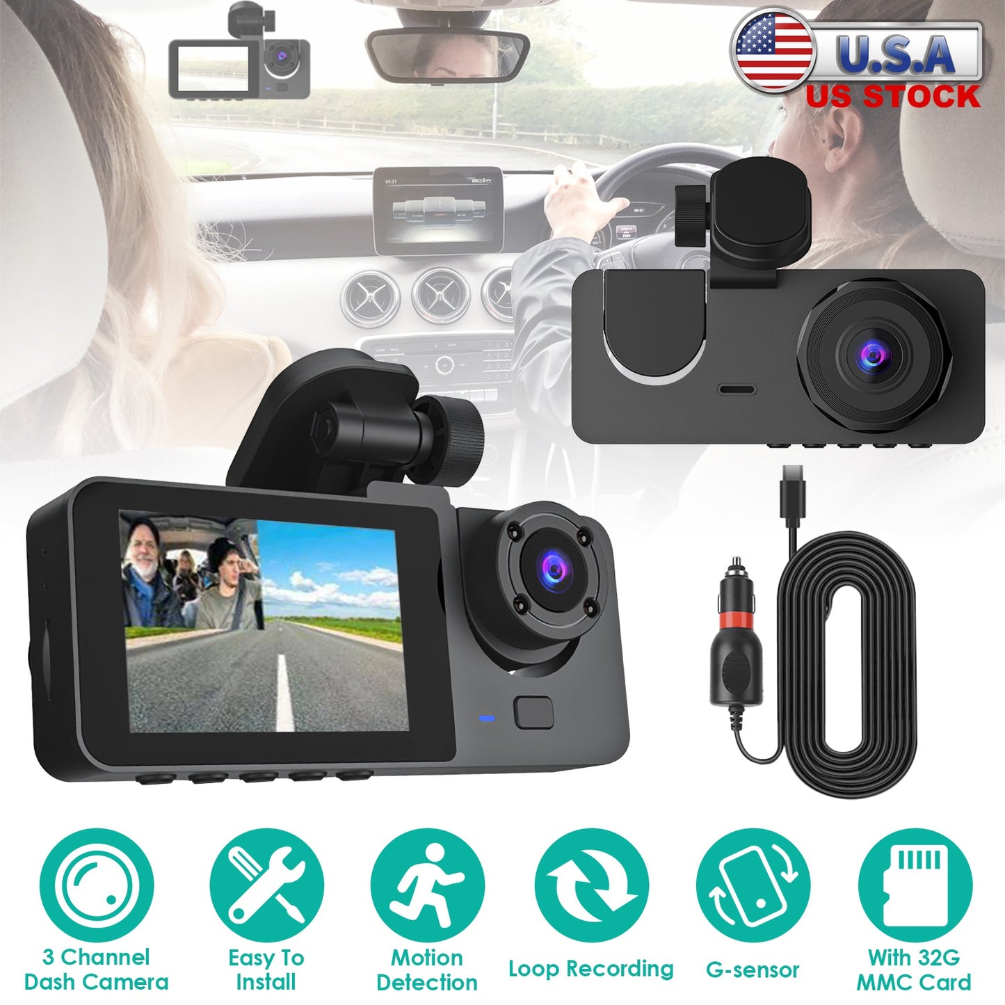 3 Channel Dash Cam Front Inside Rear Vehicle Driving Recorder Car DVR with 32G