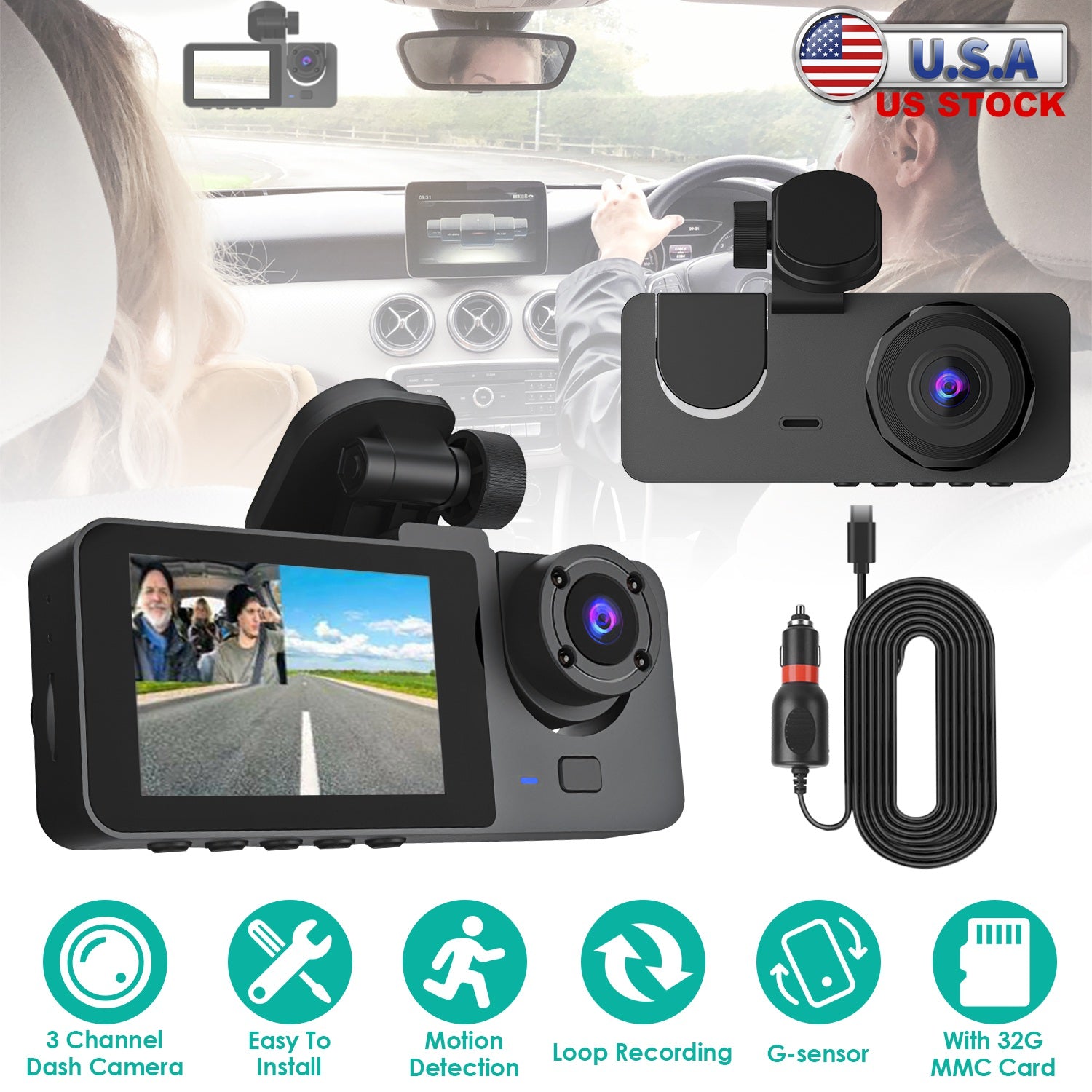 3 Channel Dash Cam Front Inside Rear Vehicle Driving Recorder Car DVR with 32G