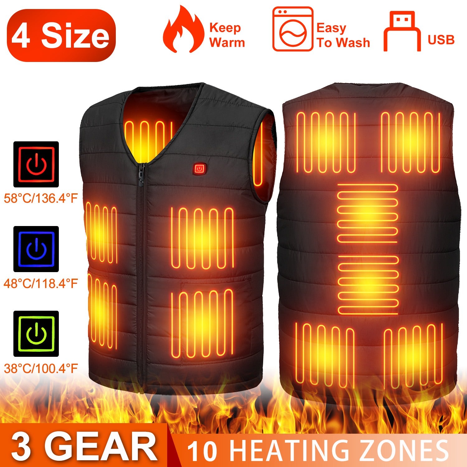 Heat Jacket Vest 3 Heating Gear Adjustable USB Heated Vest Warm Heat Coat Vest