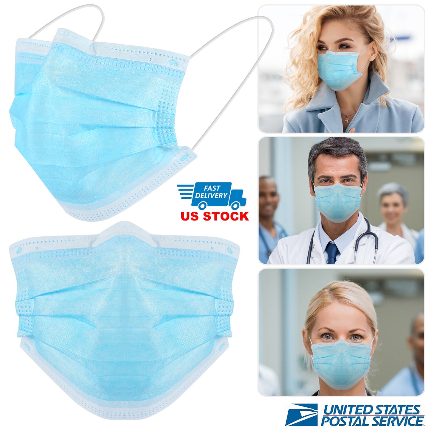 50Pcs 3-Layers Disposable Face Masks Elastic Earloop 95% Melt-Blown Filter
