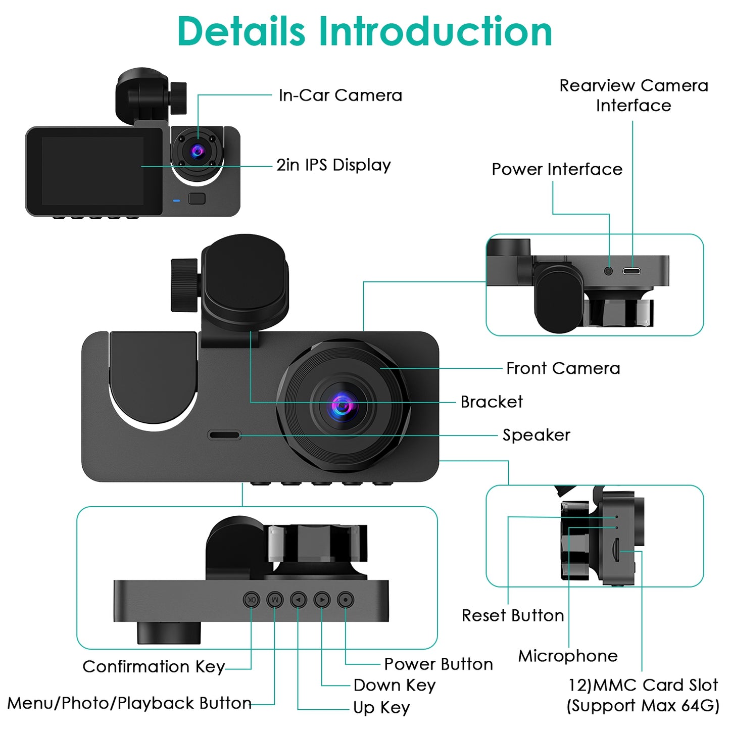 3 Channel Dash Cam Front Inside Rear Vehicle Driving Recorder Car DVR with 32G