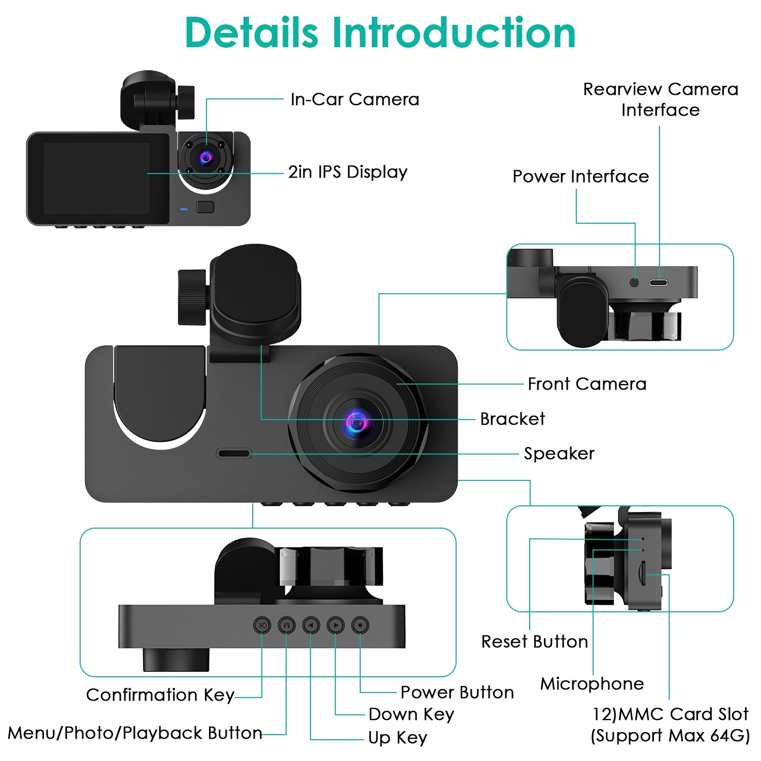 3 Channel Dash Cam Front Inside Rear Vehicle Driving Recorder Car DVR with 32G
