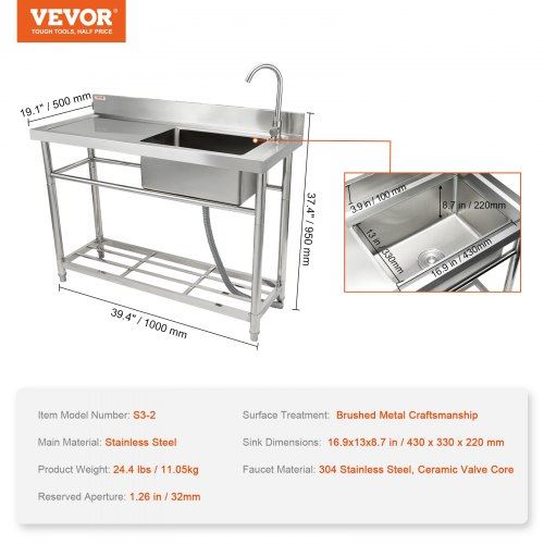 Stainless Steel Utility Sink Free Standing Single Bowl Commercial Kitchen