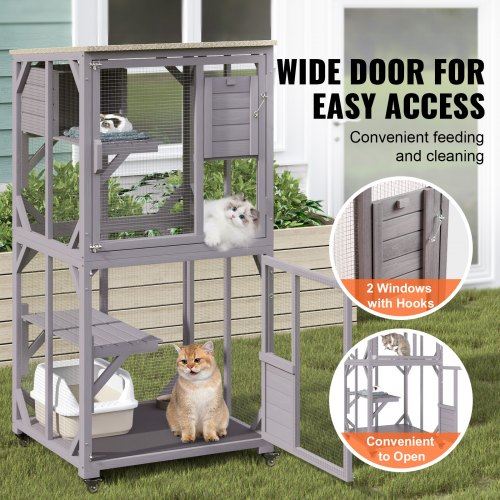 Cat House Outdoor 3-Tier Large Catio Cat Enclosure with 360d Rotating Caster