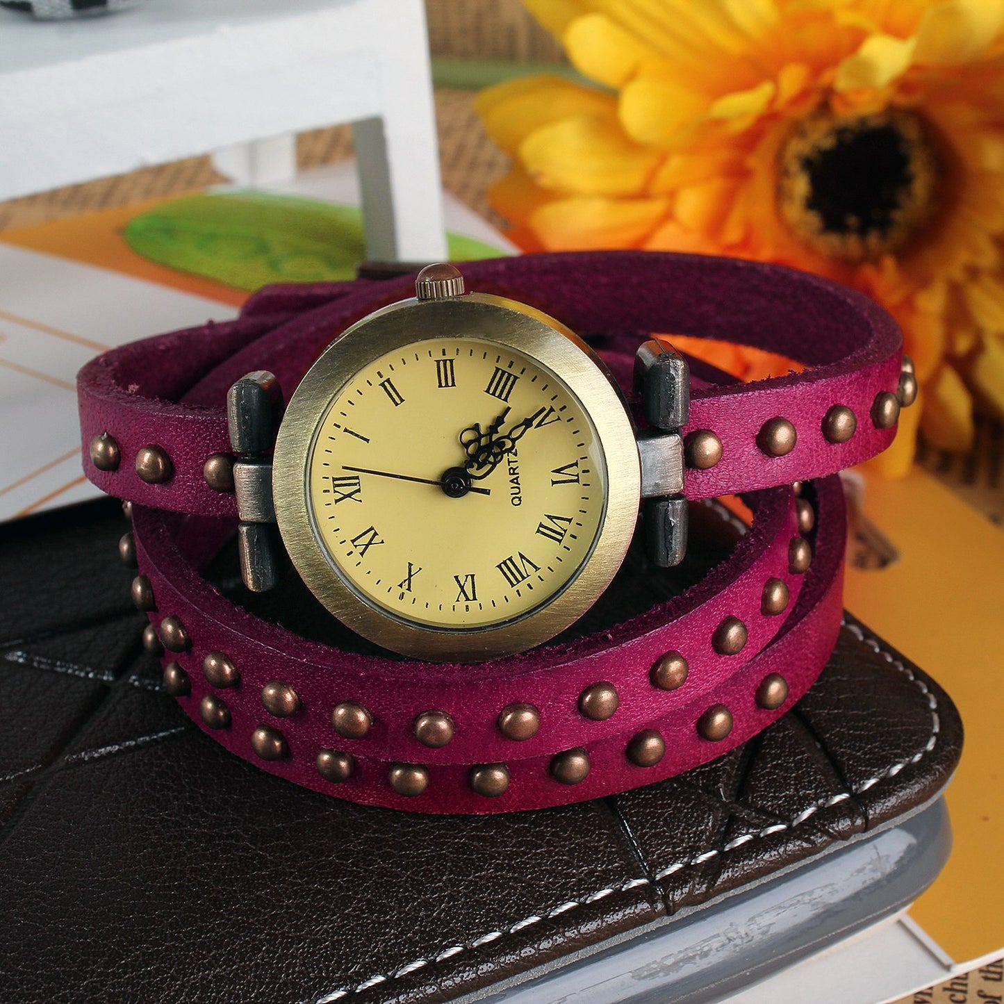 Fashionable Rivet Leather Belt Retro Watch Hand Chain-pink Apparel & Jewelry
