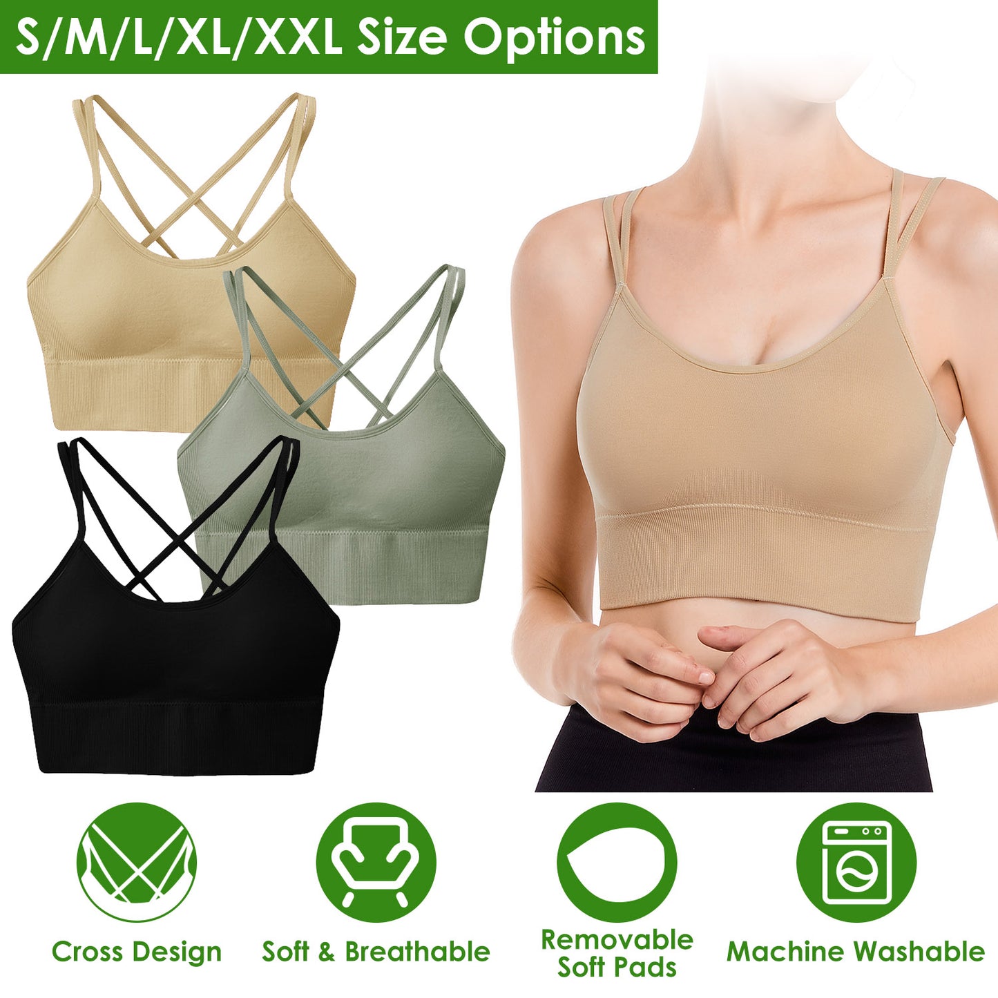 3Packs Women Cross Back Sport Bras Padded Strappy Medium Support Bras Sexy
