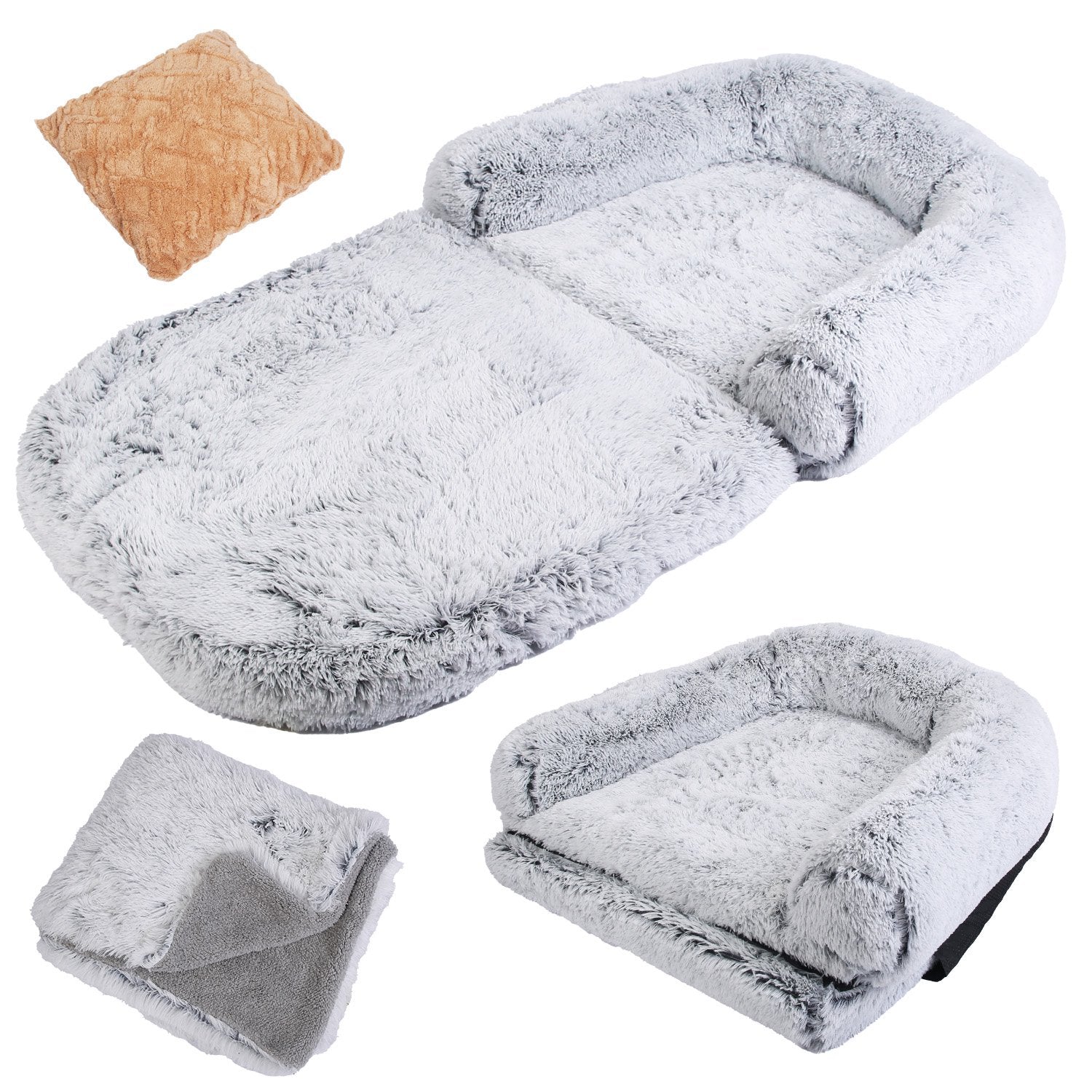 Large Foldable Human Size Dog Bed With Pillow Blanket Flurry Plush Napping
