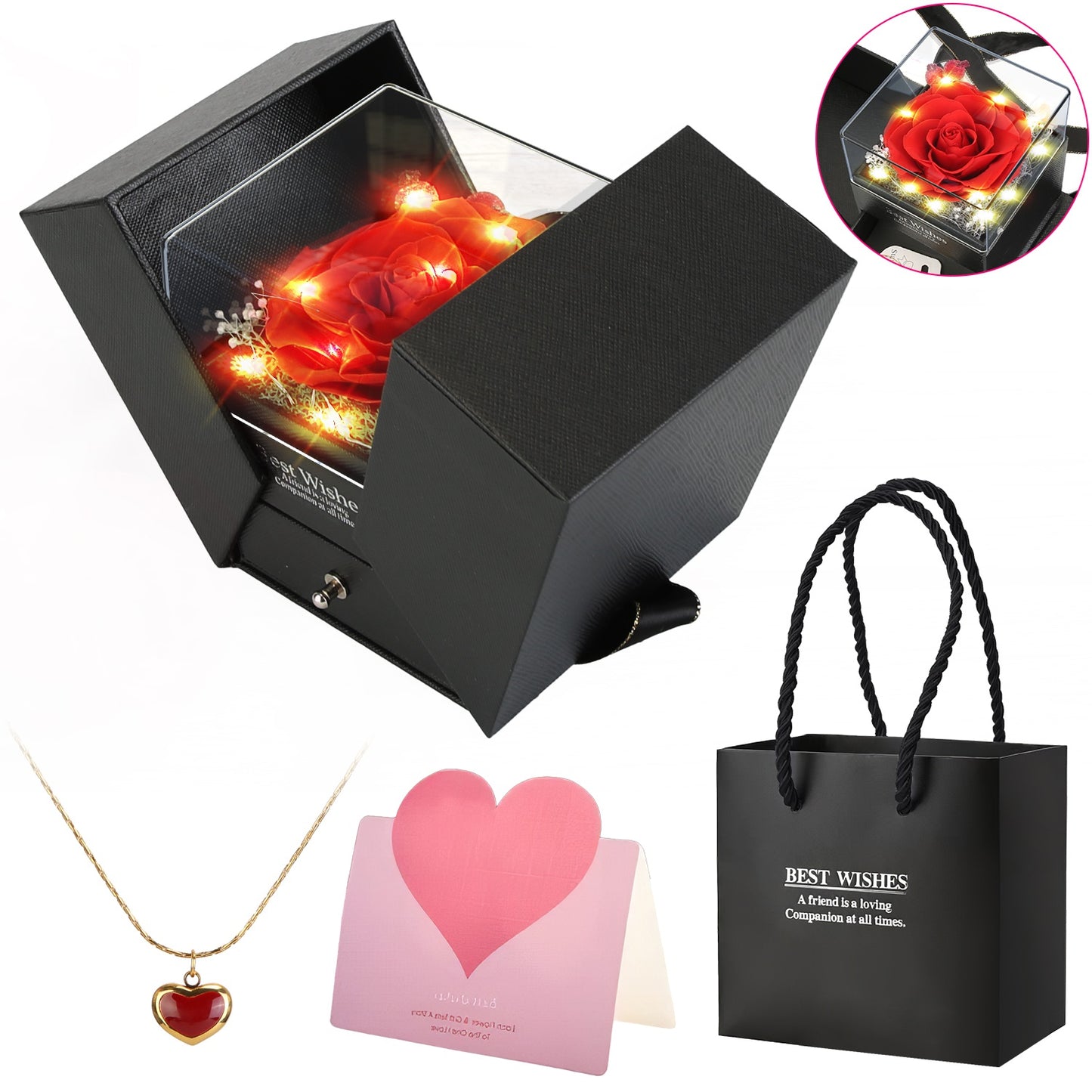 Preserved Red Real Rose with Heart Necklace Eternal Flowers Rose with Golden