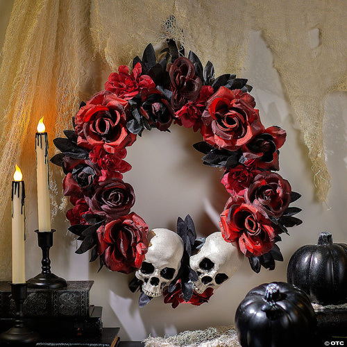 16 3/4" x 3 1/2" Red & Black Flower Wreath with Skulls Halloween Decoration