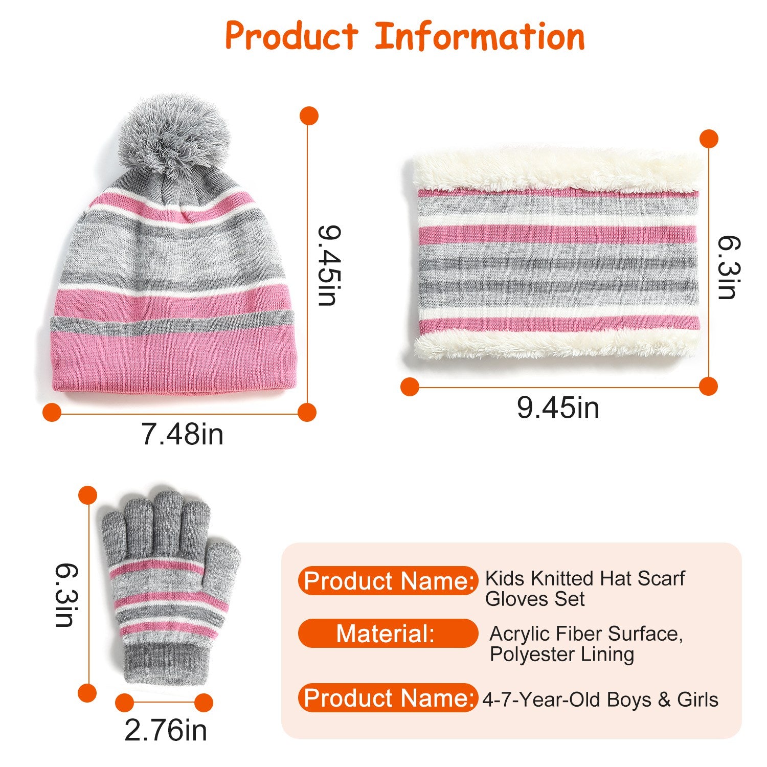 Winter Kids Knitted Hat Scarf Gloves 3Pcs Boys Girls Winter Warm Beanie Hat and