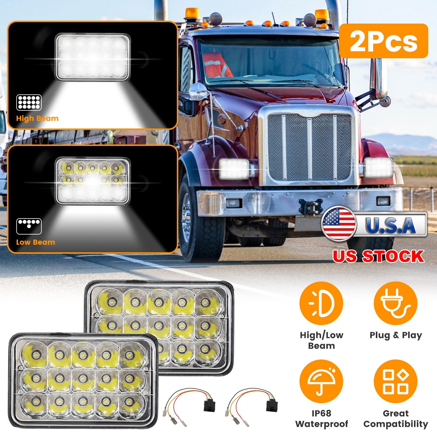 4x6in Car LED Headlights Vehicle Rectangular Headlamp with H4 Socket