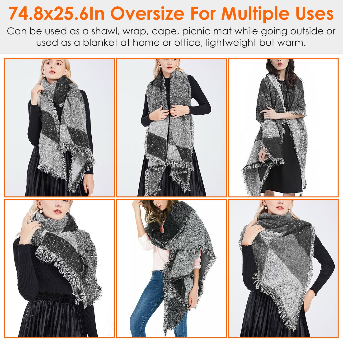 Women Winter Warm Scarf 74.8x25.6In Long Soft Knitted Shawl Extra Thick Plaid