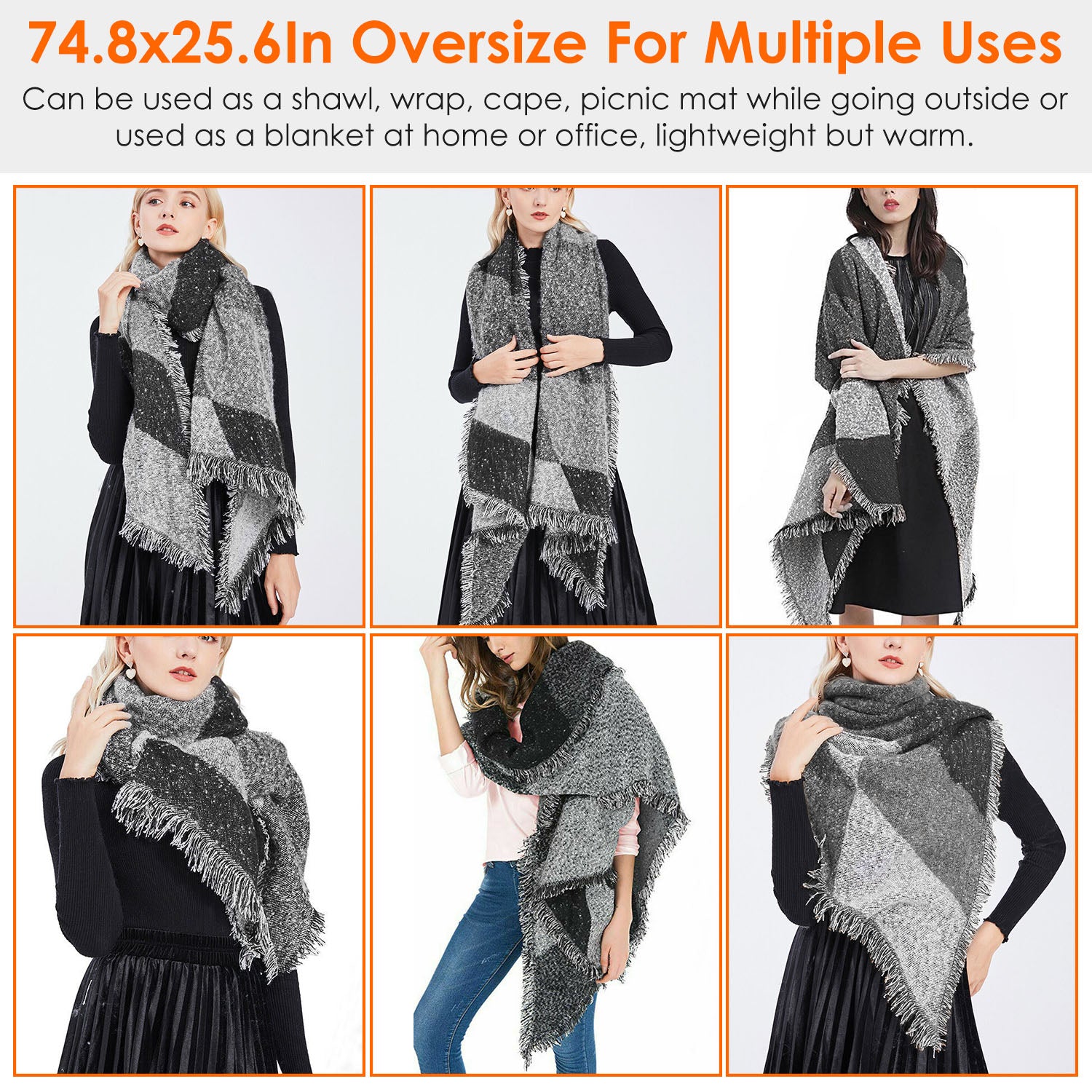 Women Winter Warm Scarf 74.8x25.6In Long Soft Knitted Shawl Extra Thick Plaid