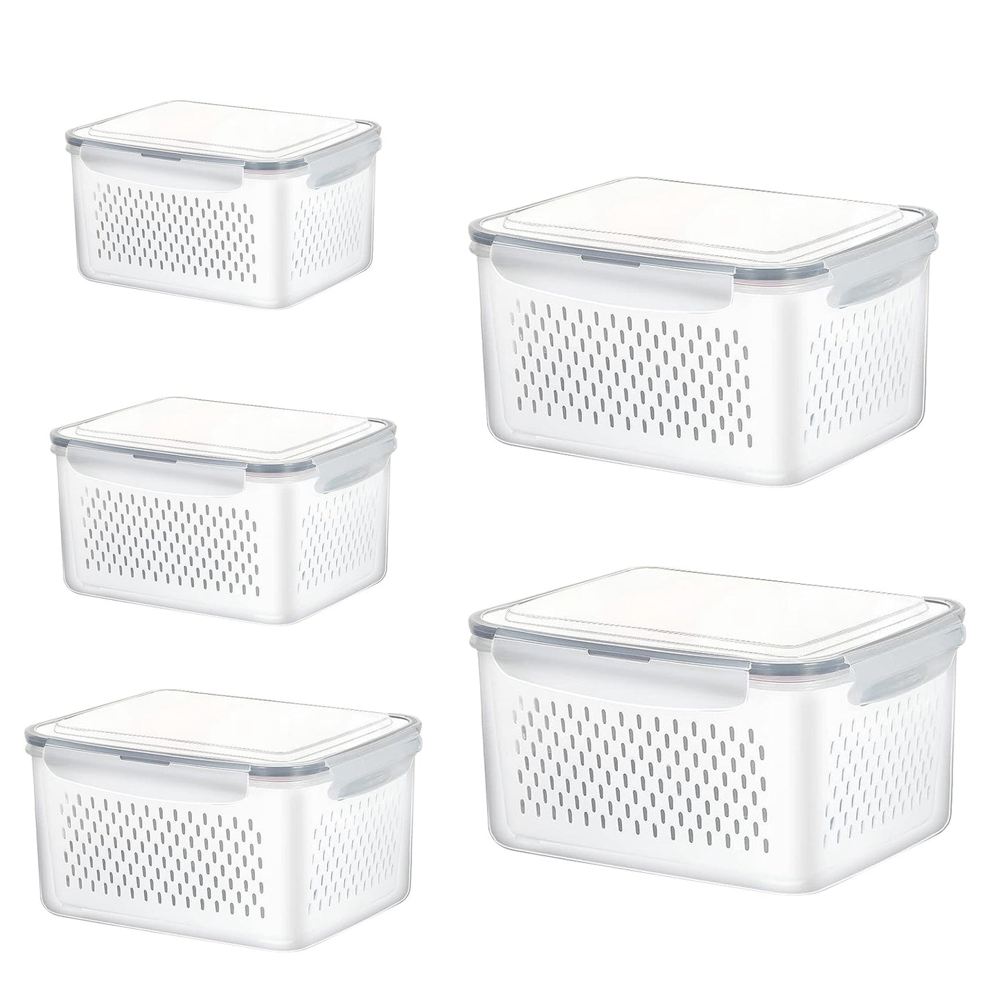 5Pcs Fruit Vegetable Containers with Removable Drain Basket Leakproof Lid