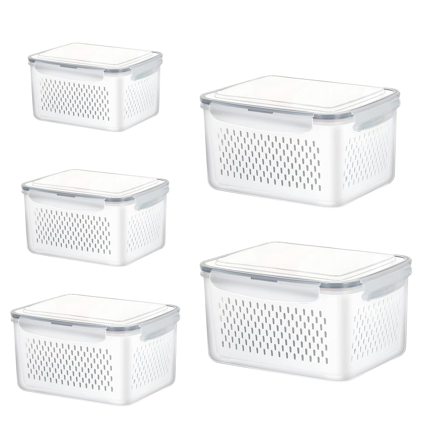 5Pcs Fruit Vegetable Containers with Removable Drain Basket Leakproof Lid