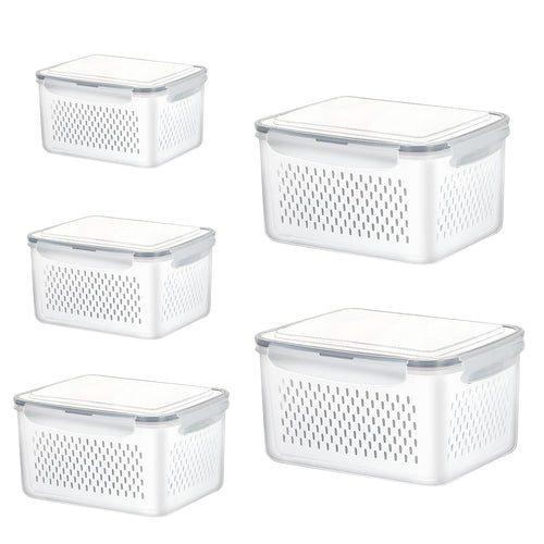 5Pcs Fruit Vegetable Containers with Removable Drain Basket Leakproof Lid