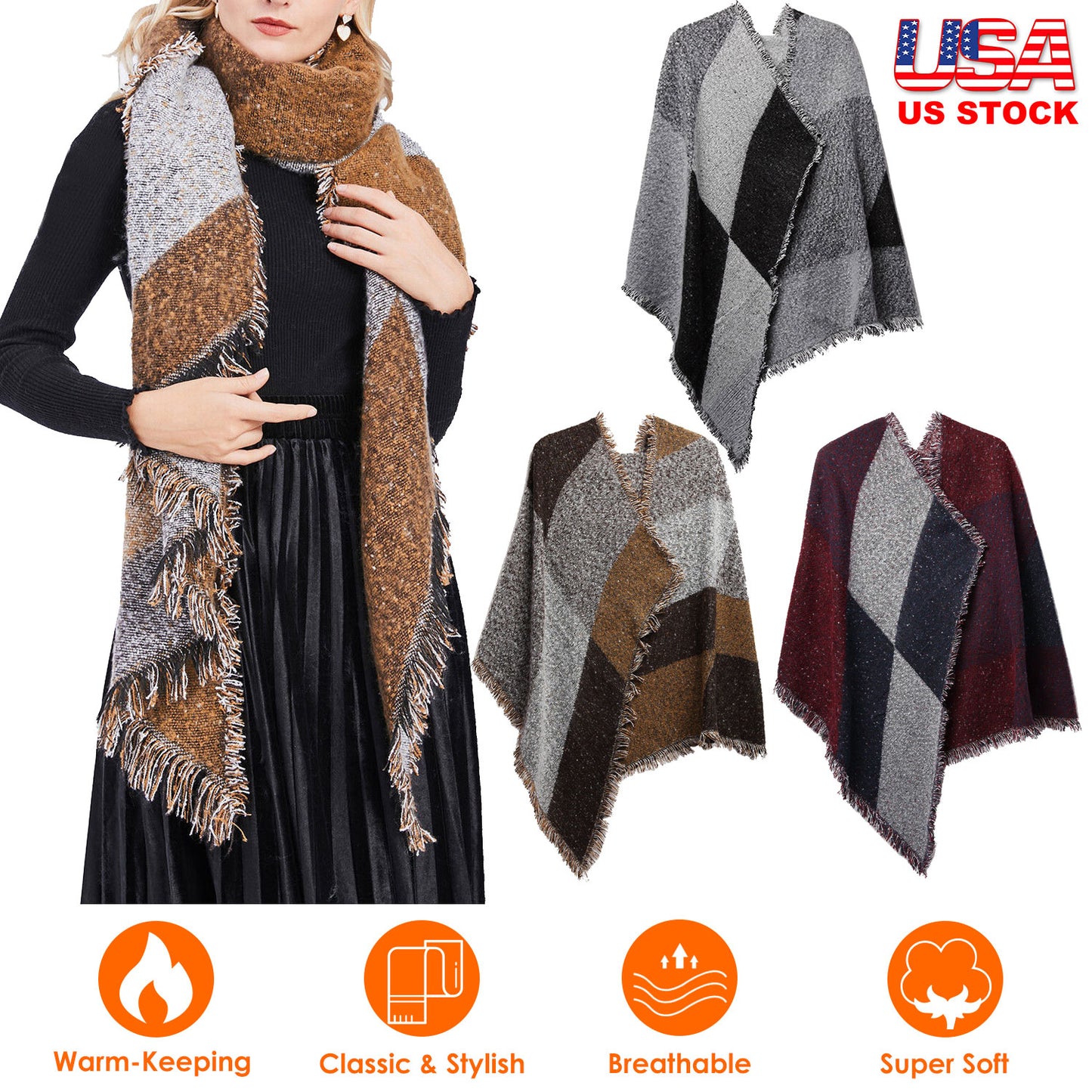 Women Winter Warm Scarf 74.8x25.6In Long Soft Knitted Shawl Extra Thick Plaid