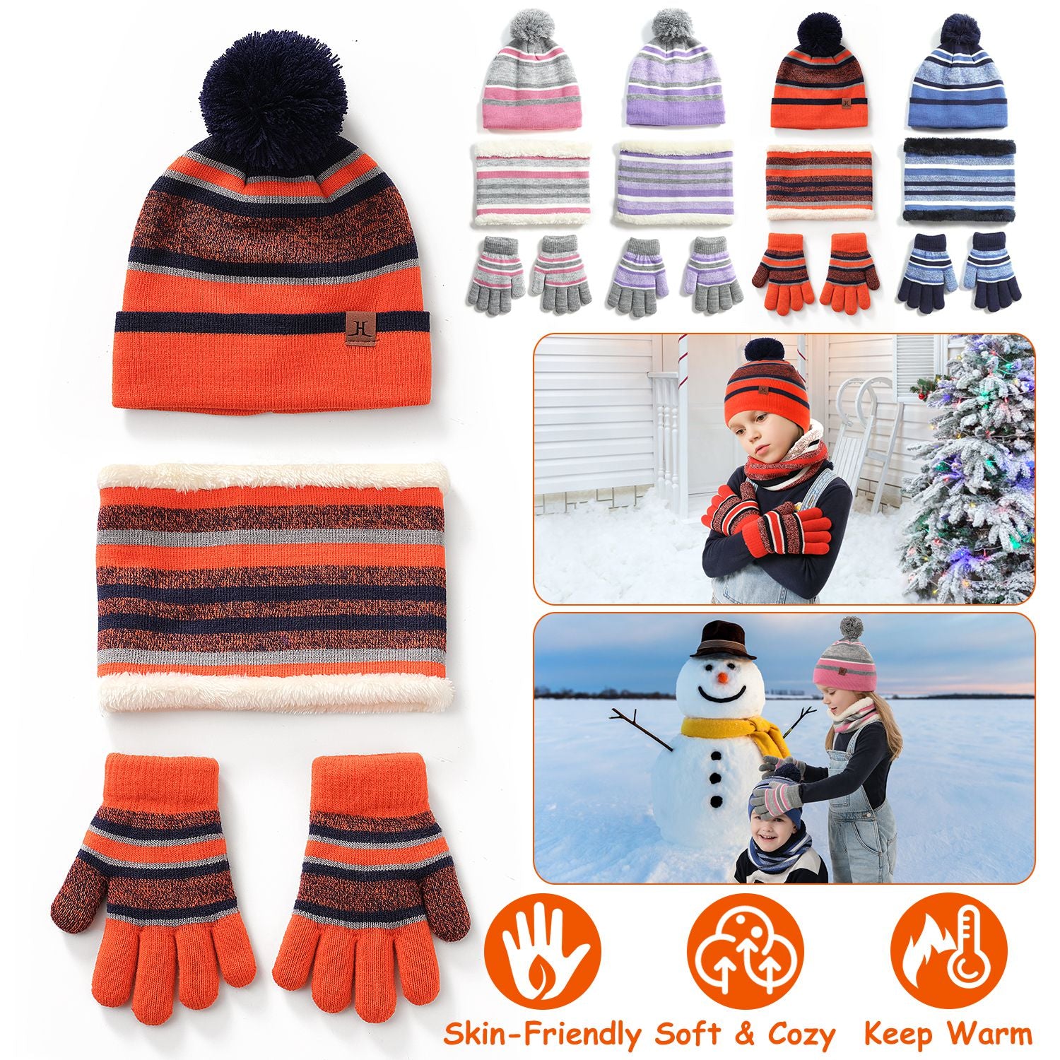 Winter Kids Knitted Hat Scarf Gloves 3Pcs Boys Girls Winter Warm Beanie Hat and