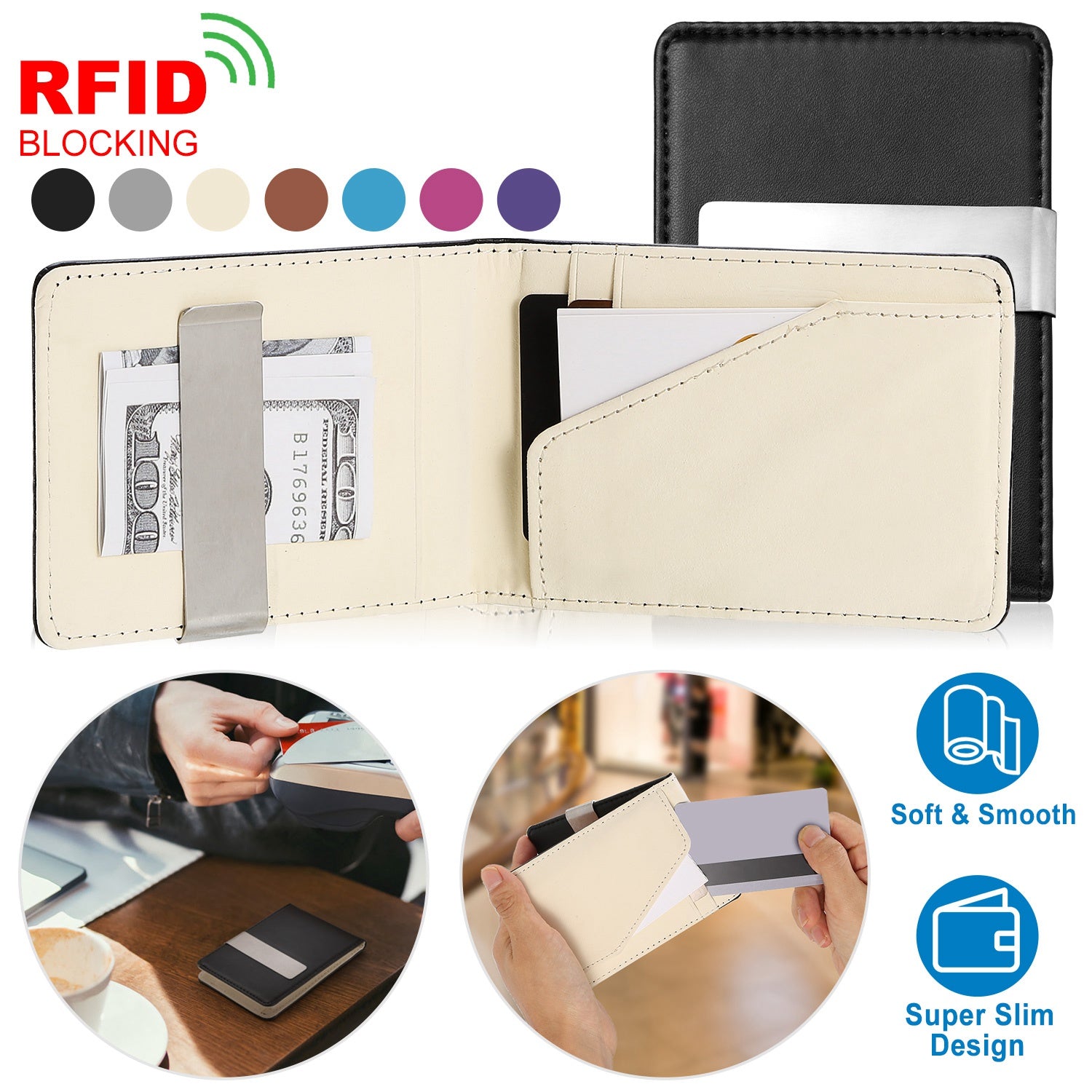 Unisex PU Leather Wallet RFID Blocking Slim Bifold Credit Card Holder with