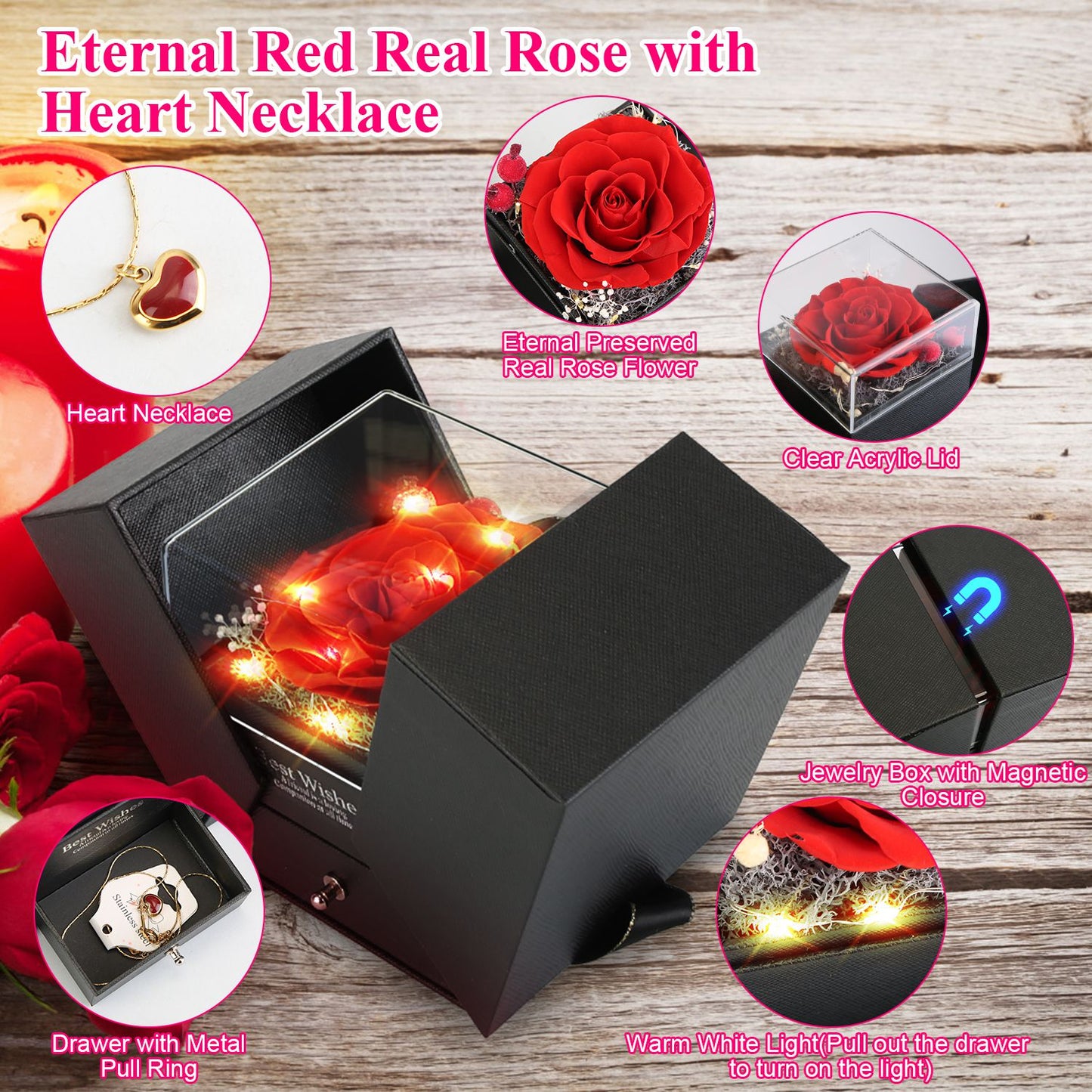 Preserved Red Real Rose with Heart Necklace Eternal Flowers Rose with Golden