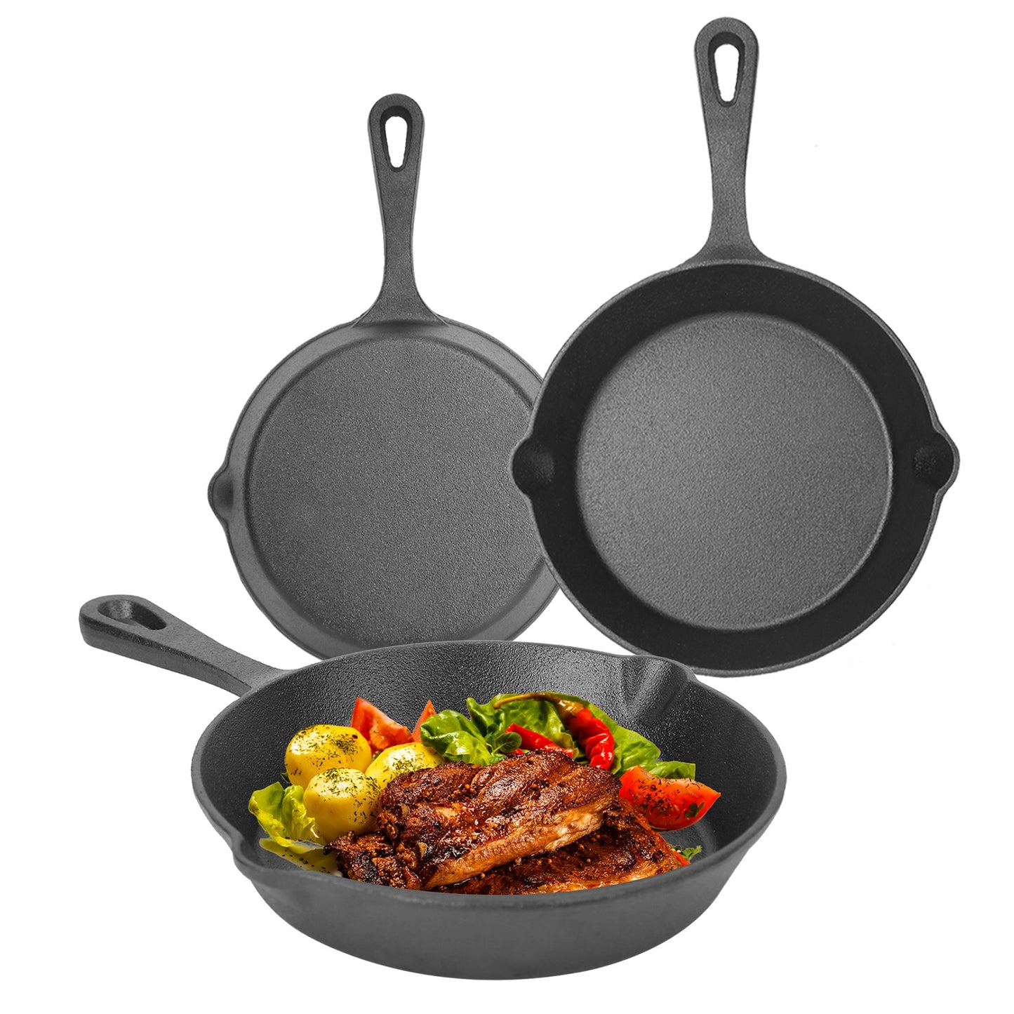 3Pcs Pre-Seasoned Cast Iron Skillet Set 6/8/10in Non-Stick Oven Safe Cookware