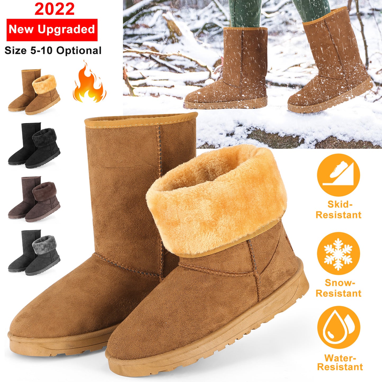 Women Ladies Snow Boots Waterproof Faux Suede Mid-Calf Boots Fur Warm Lining