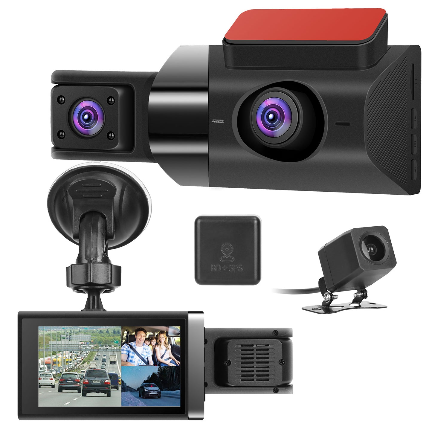 2K Car DVR 3 Channel Dash Cam Camcorder Camera Recorder with 140° Angle GPS