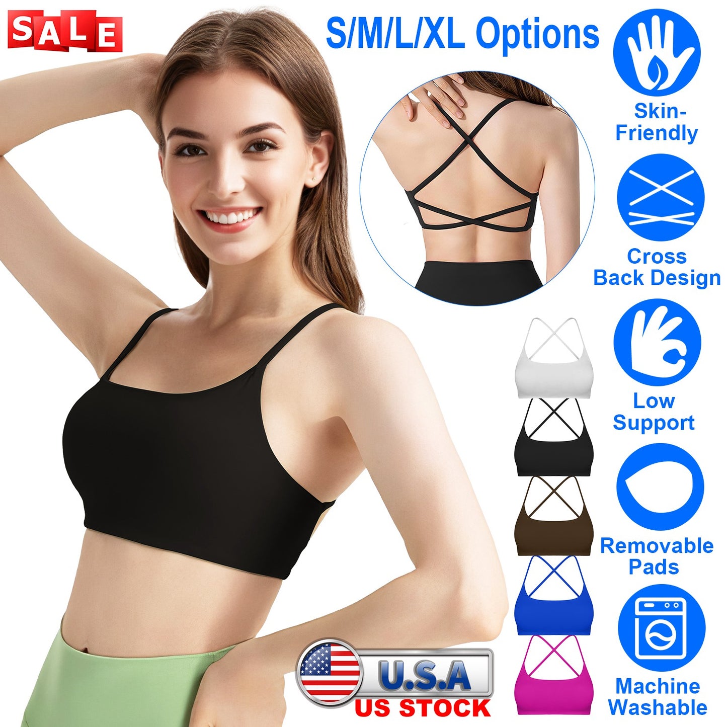 Women Cross Back Sport Bras Padded Strappy Crop Open Back Low Impact Bras Sexy