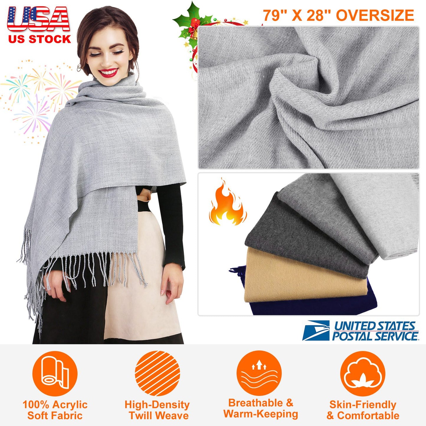 Mens Womens Oversize Cashmere Wool Shawl Wraps Blanket Winter Solid Scarf Soft