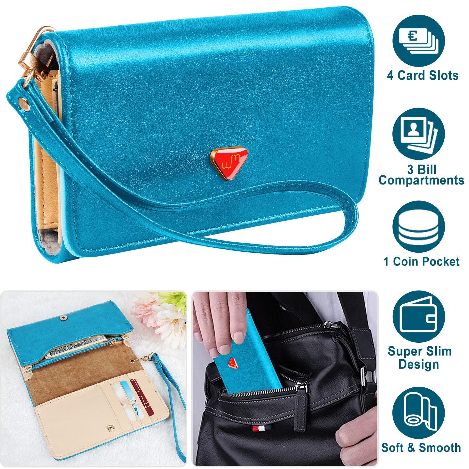 Women Wristlet Wallet PU Leather Lady Purse Credit Card Holder 4 Card Slots 3