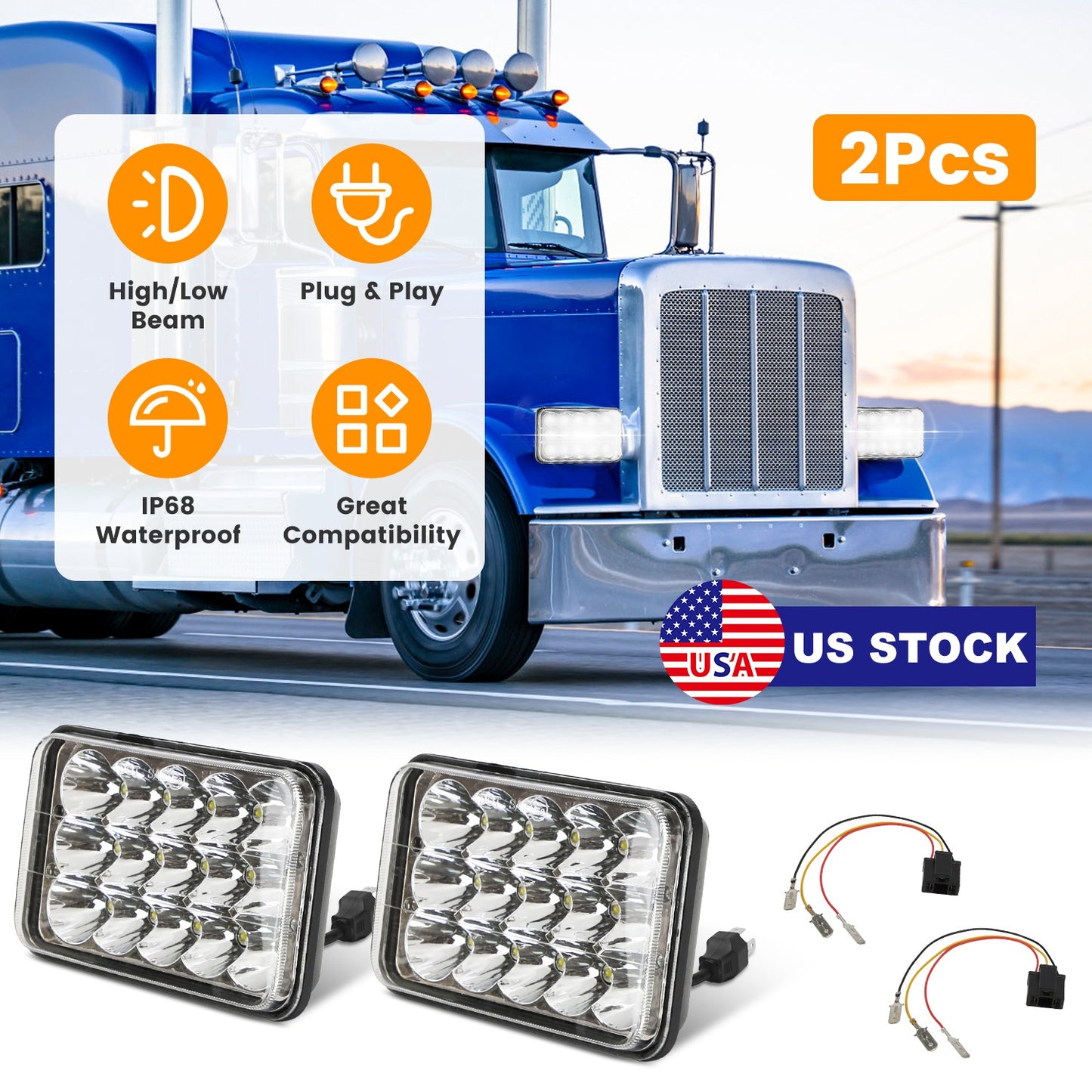 4x6in Car LED Headlights Vehicle Rectangular Headlamp with H4 Socket