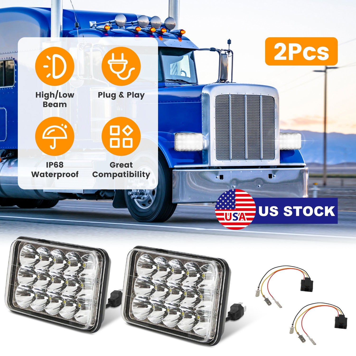 4x6in Car LED Headlights Vehicle Rectangular Headlamp with H4 Socket