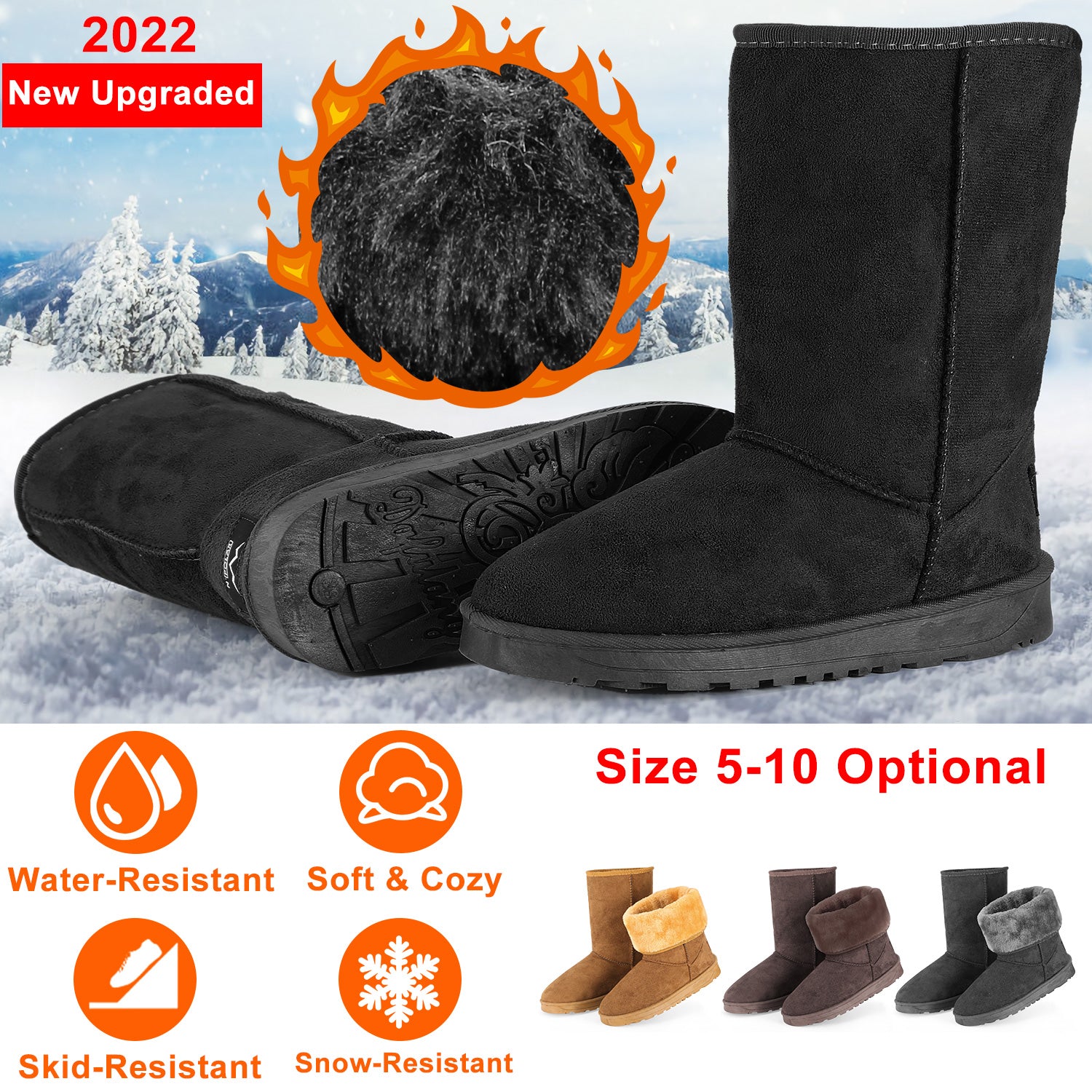 Women Ladies Snow Boots Waterproof Faux Suede Mid-Calf Boots Fur Warm Lining