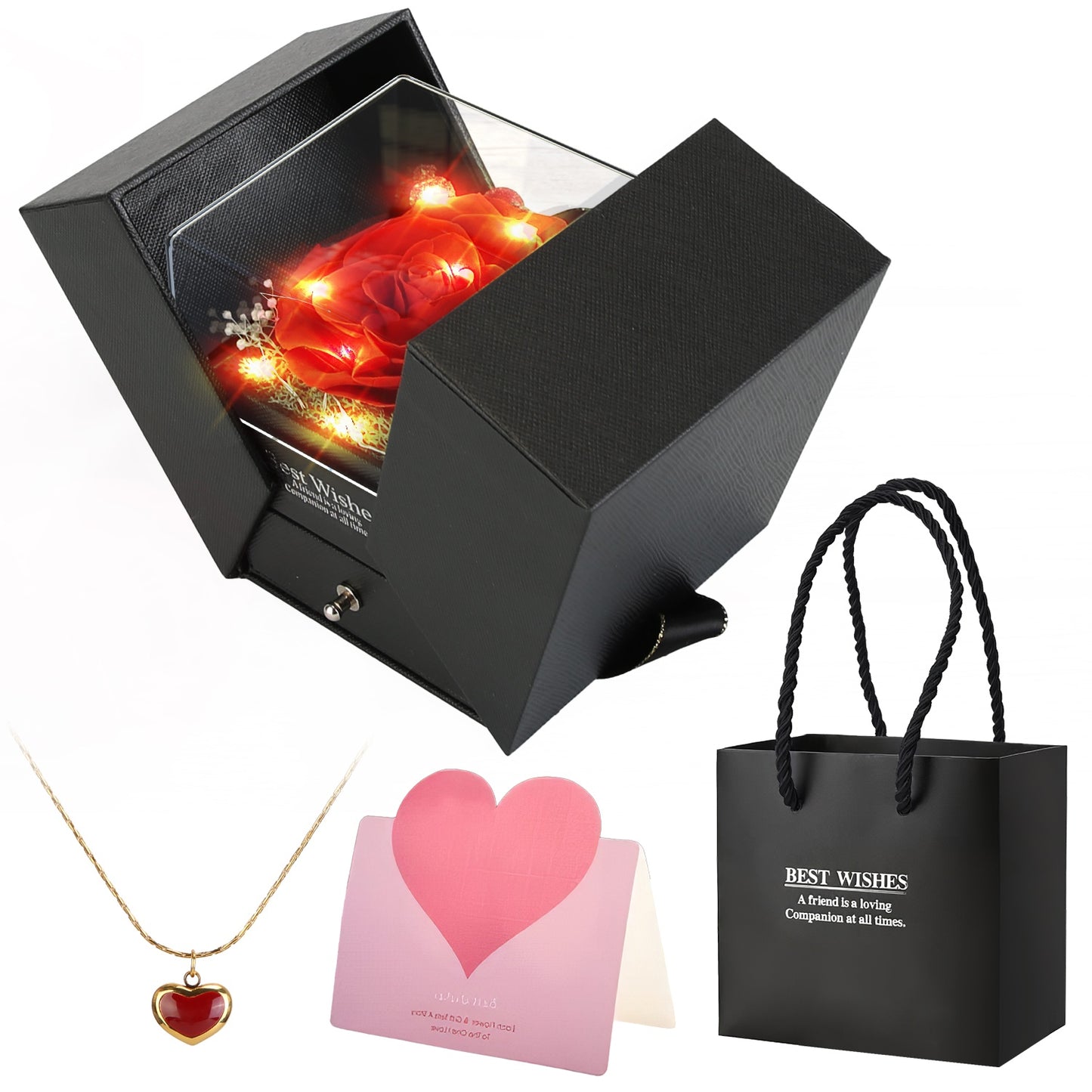Preserved Red Real Rose with Heart Necklace Eternal Flowers Rose with Golden