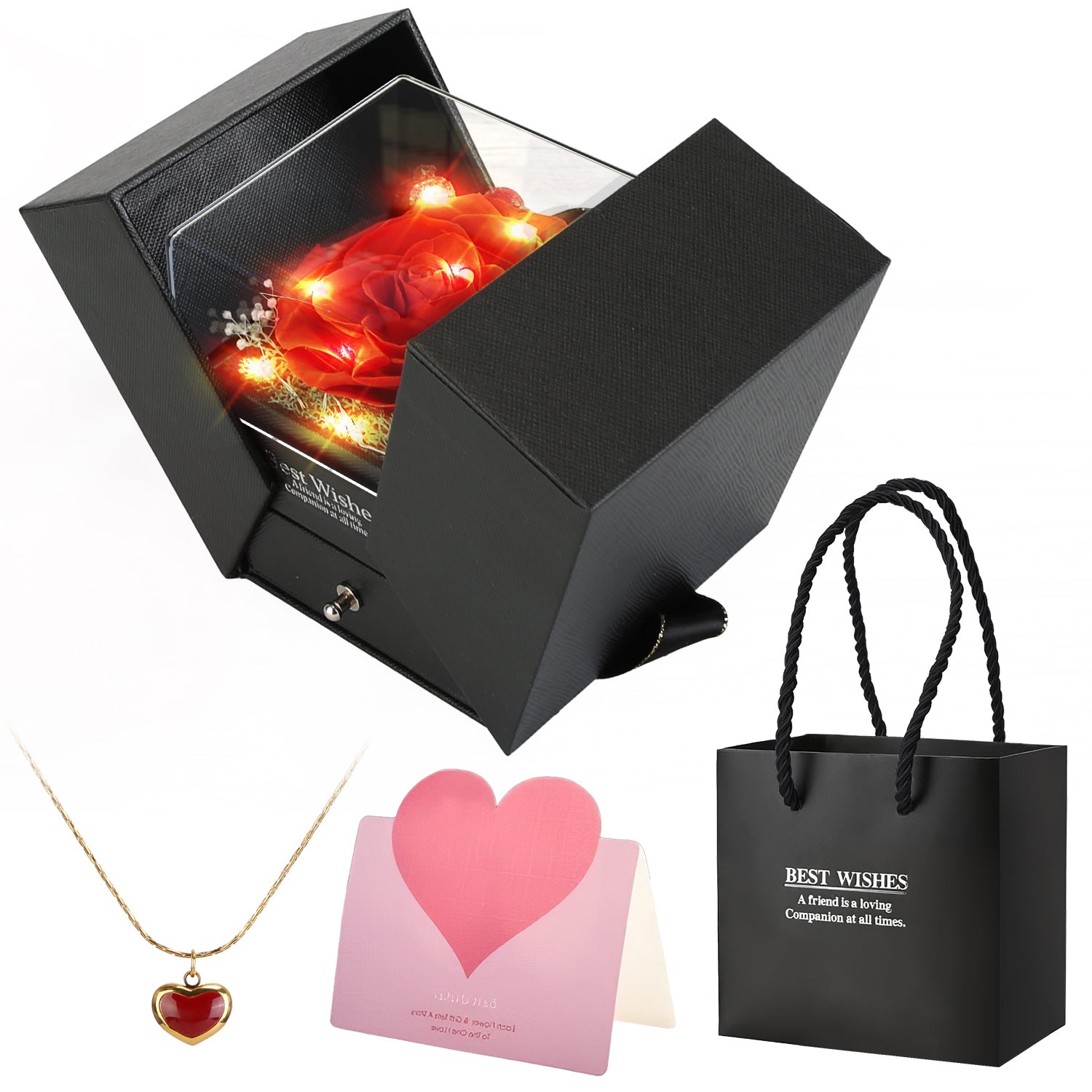 Preserved Red Real Rose with Heart Necklace Eternal Flowers Rose with Golden