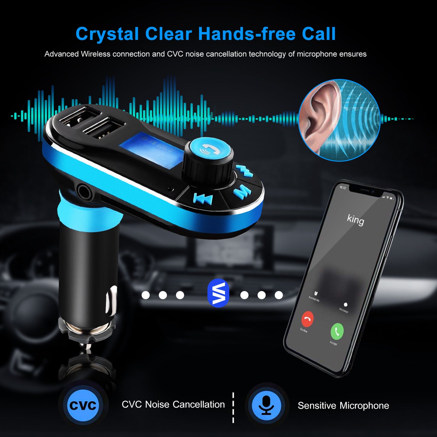 Car Wireless FM Transmitter Dual USB Charger Hands-free Call MP3 Player Aux-in
