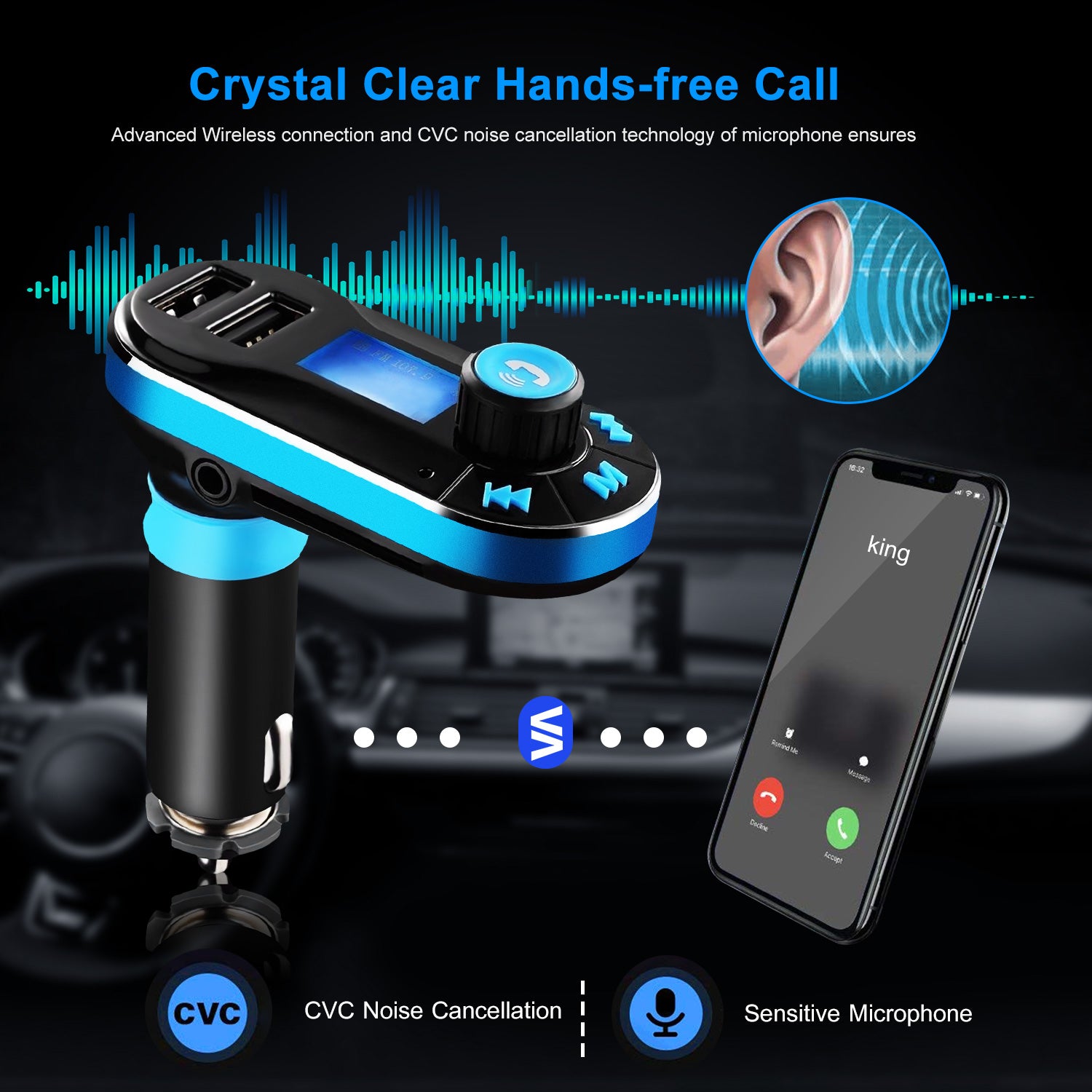 Car Wireless FM Transmitter Dual USB Charger Hands-free Call MP3 Player Aux-in