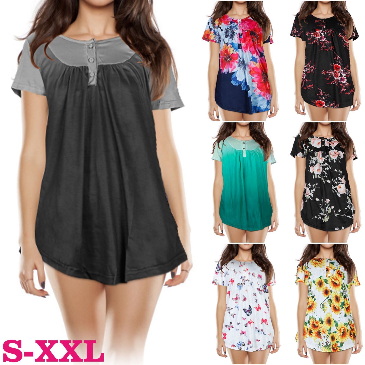 Women Summer Shirts Tops Loose Short Sleeve T Shirts Casual Floral Printed