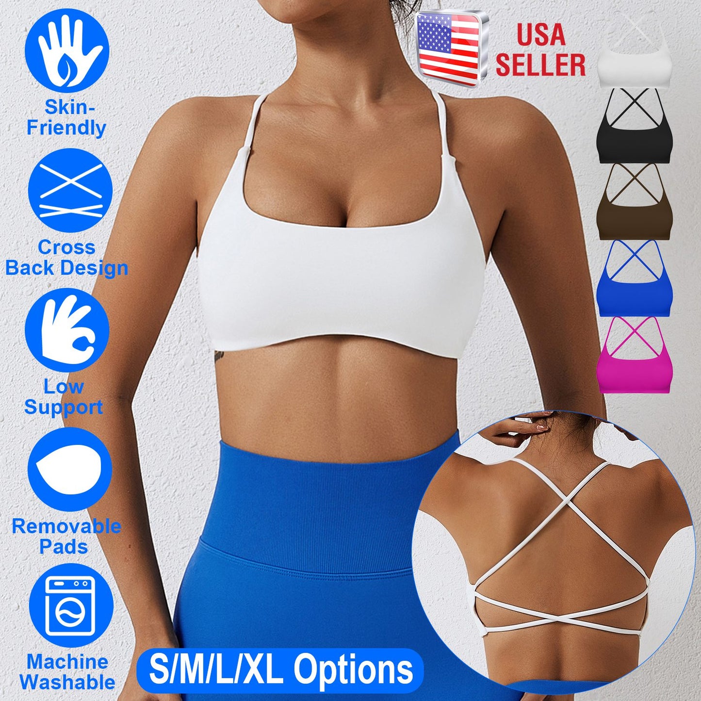 Women Cross Back Sport Bras Padded Strappy Crop Open Back Low Impact Bras Sexy