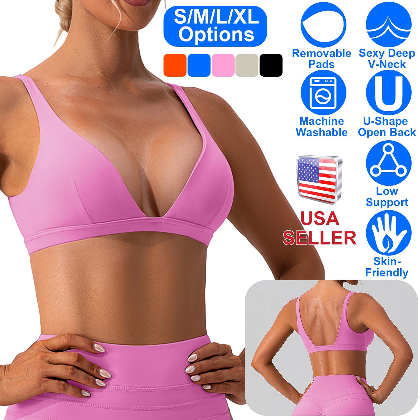 Women Deep V-Neck Sports Bras U-Shaped Back Sport Bras Padded Strappy Crop Open