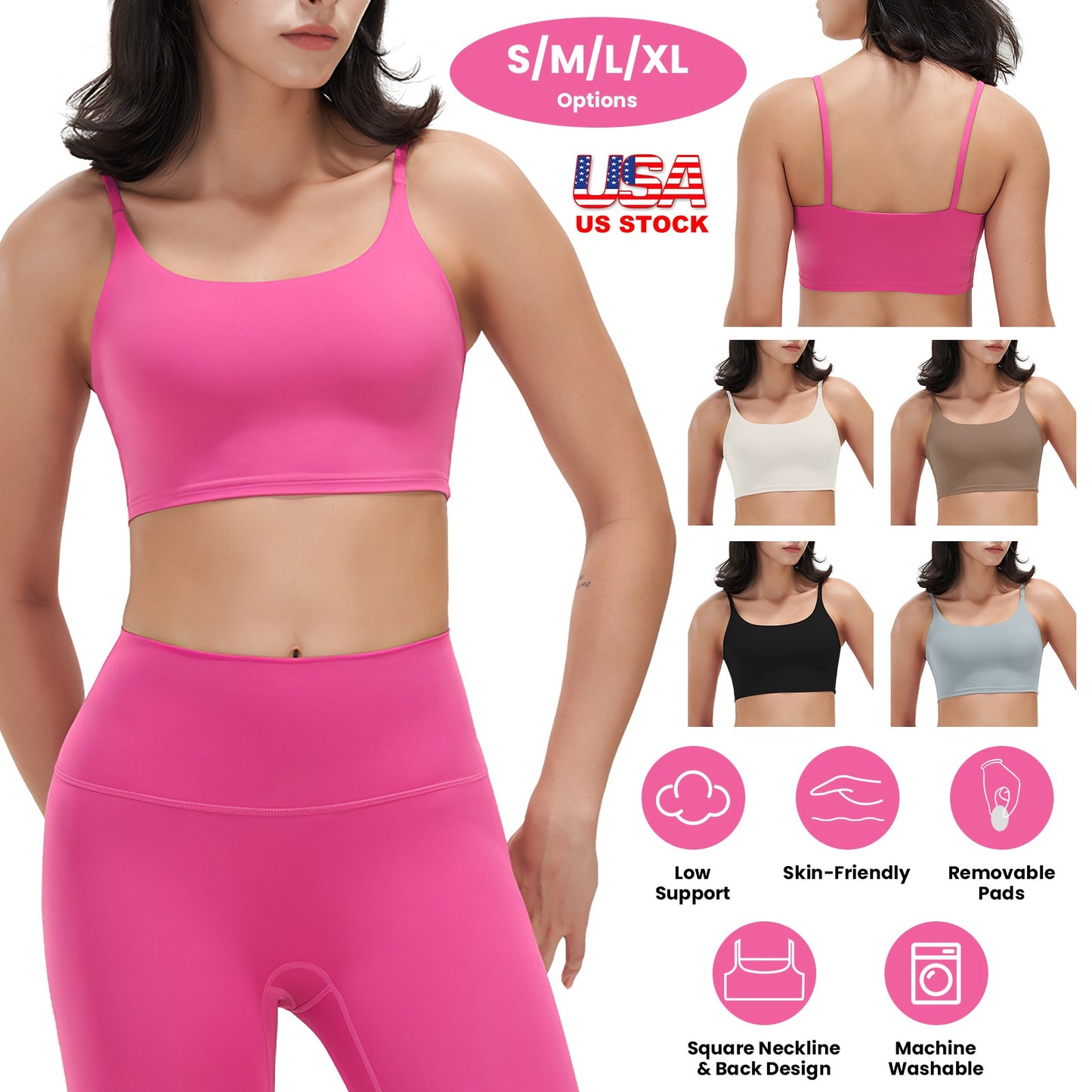 Women Strap Sport Bras Padded Strappy Crop Square Neck Low Impact Bras Sexy