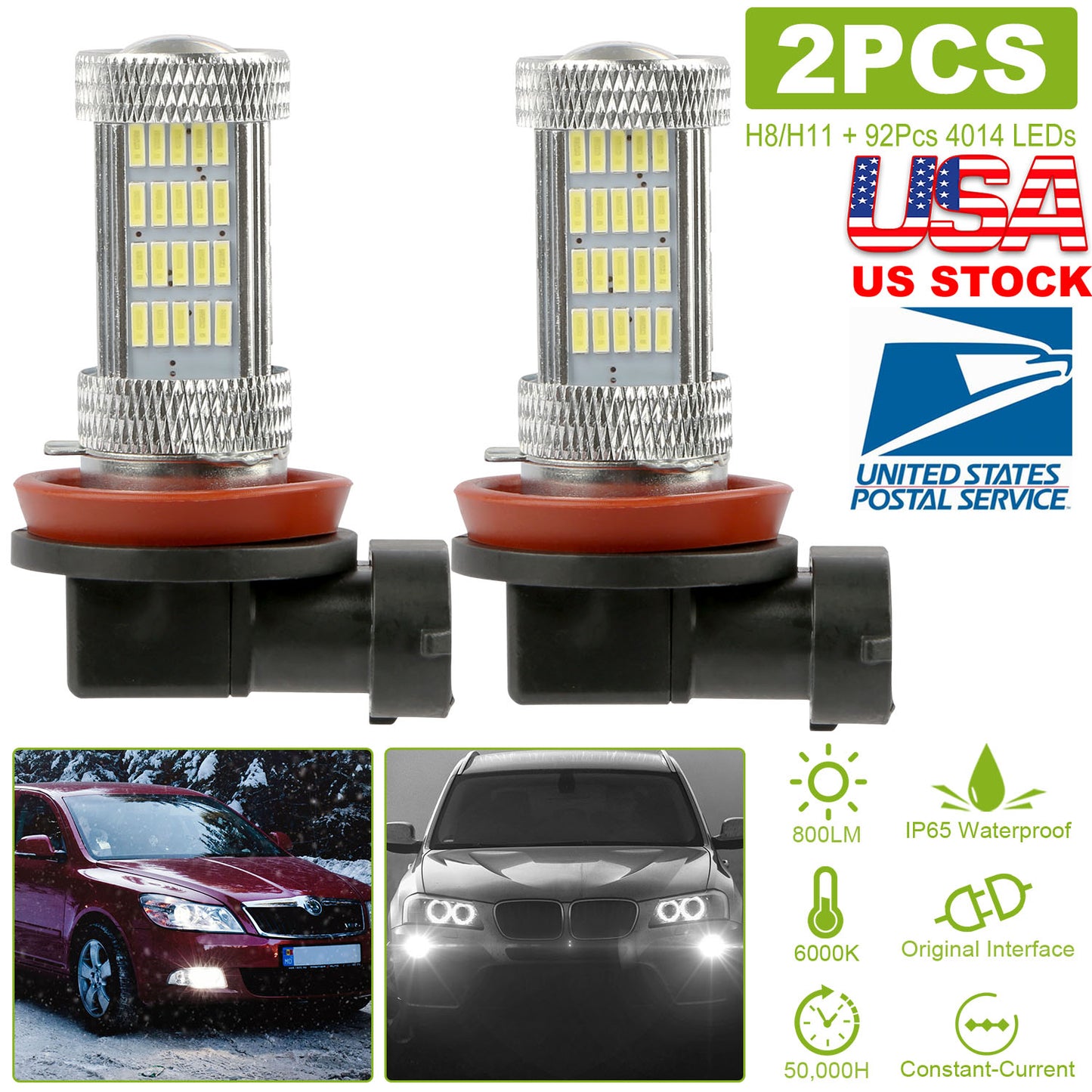 2PCS 800lm H8/H9/ H11 LED Fog DRL Light Bulb IP65 Water-Resistant 360° Beam