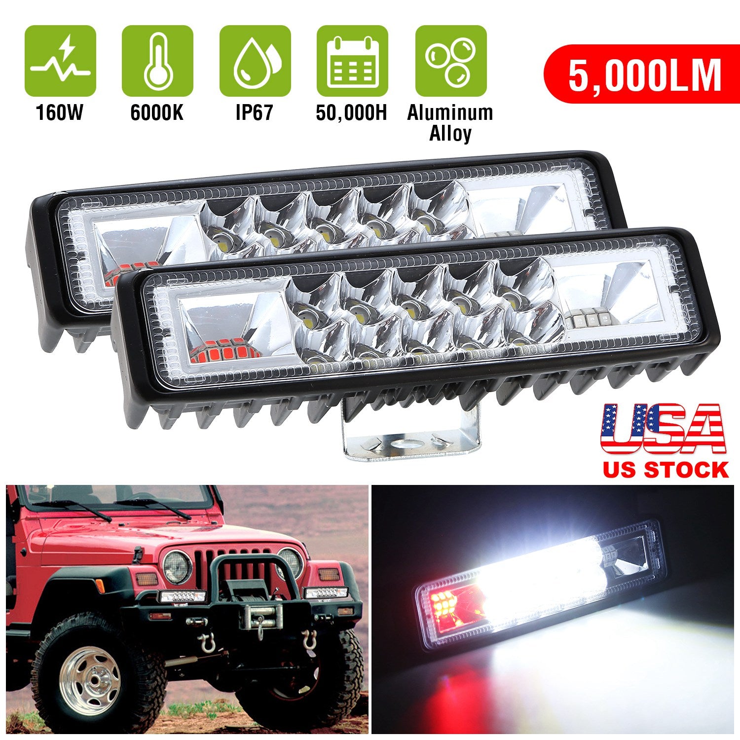 6" LED Light Bar 160W 5000lm Offroad Driving Spot Lights Work Light Pods IP67