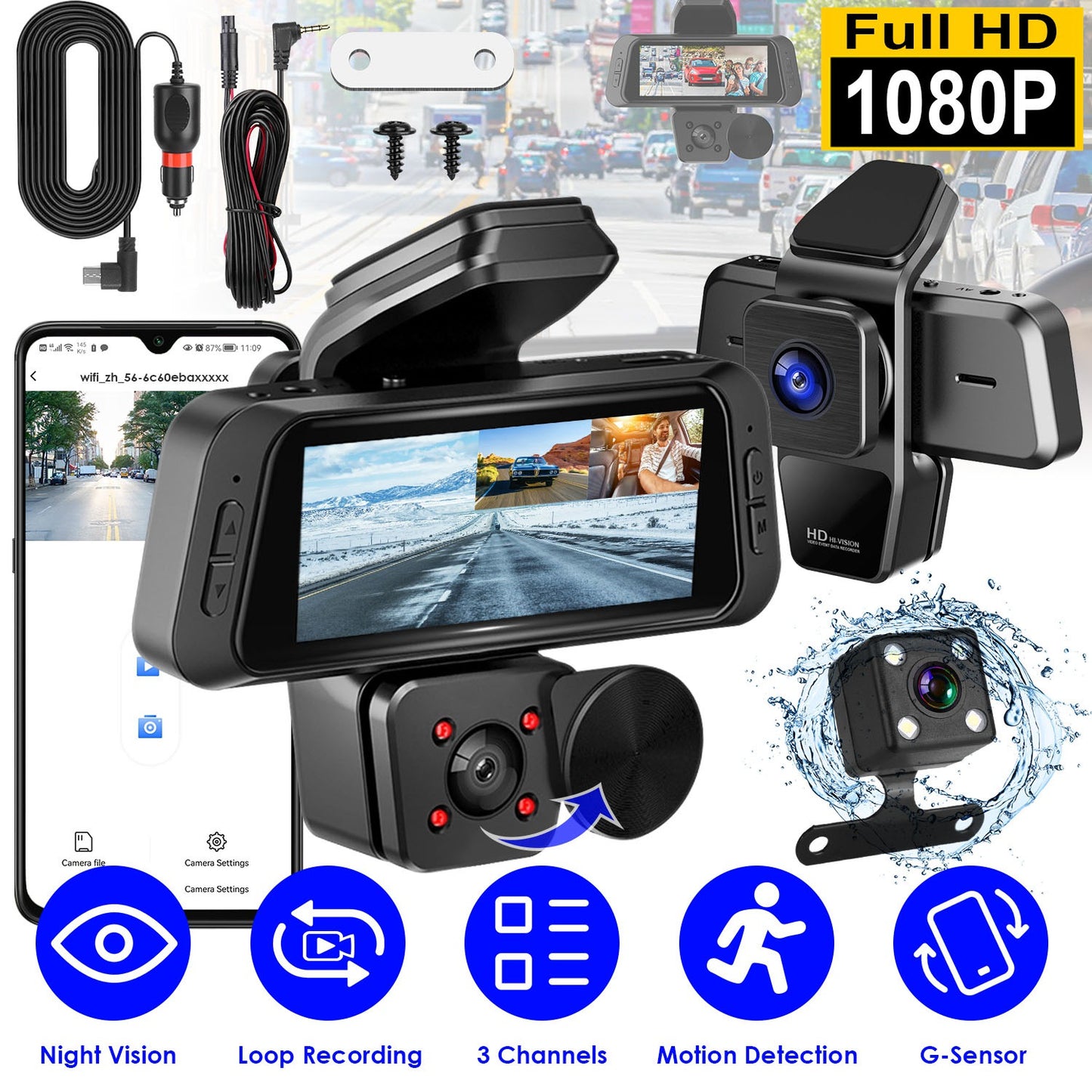 1080P FHD 3 Channel WiFi Dash Cam 170° Wide Angle Triple Car Camera With IR